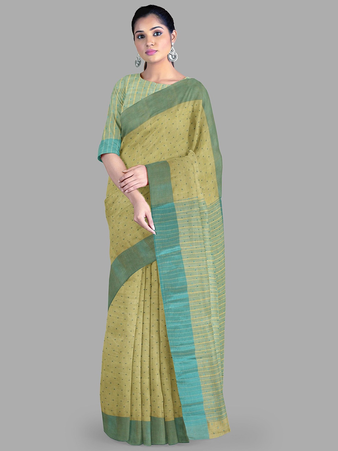 

The Chennai Silks Women Woven Design Polka Dot Printed Saree, Olive