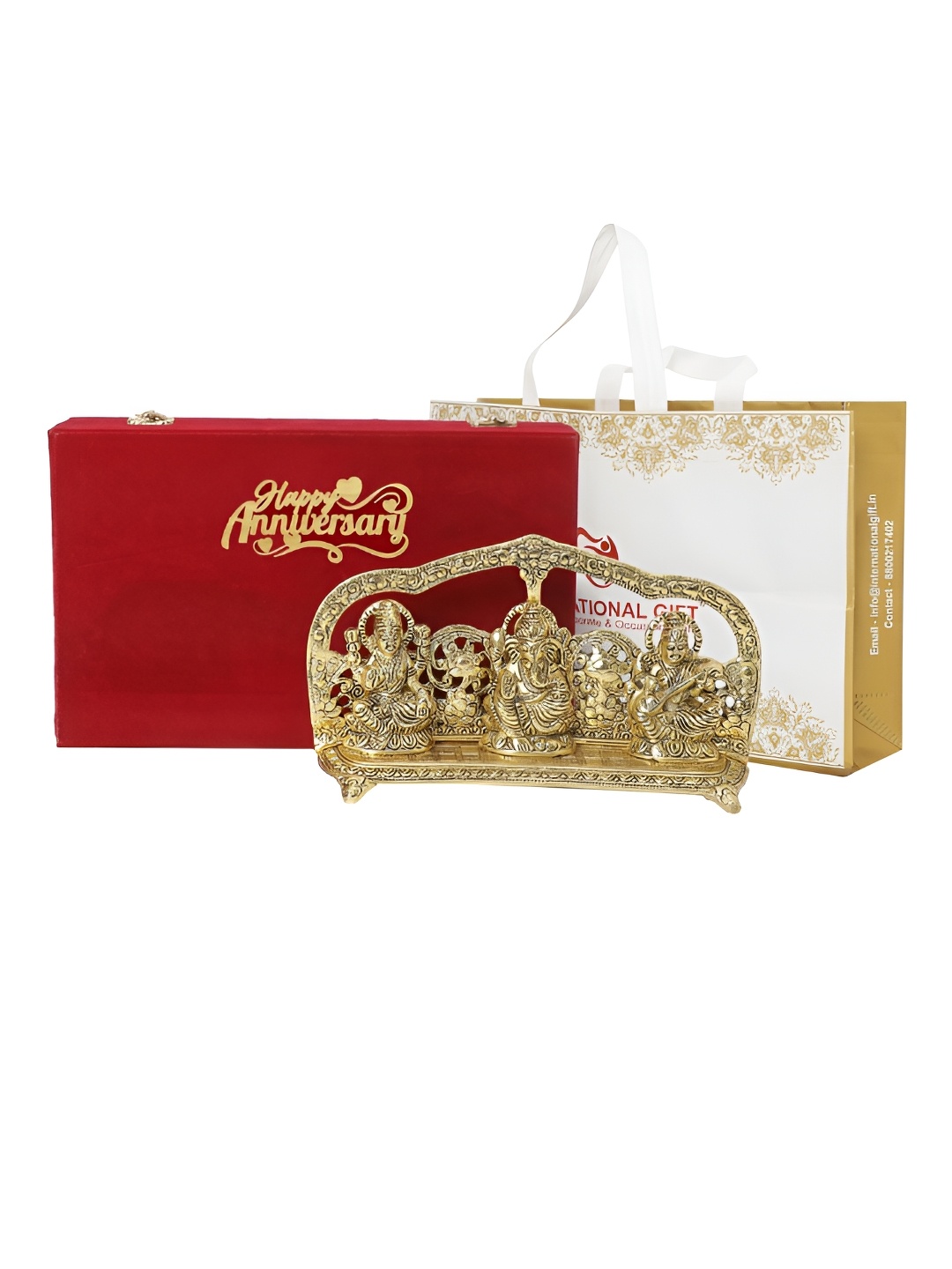 

INTERNATIONAL GIFT Gold Toned Laxmi Ganesh Saraswati With Anniversary Tag & Velvet Box