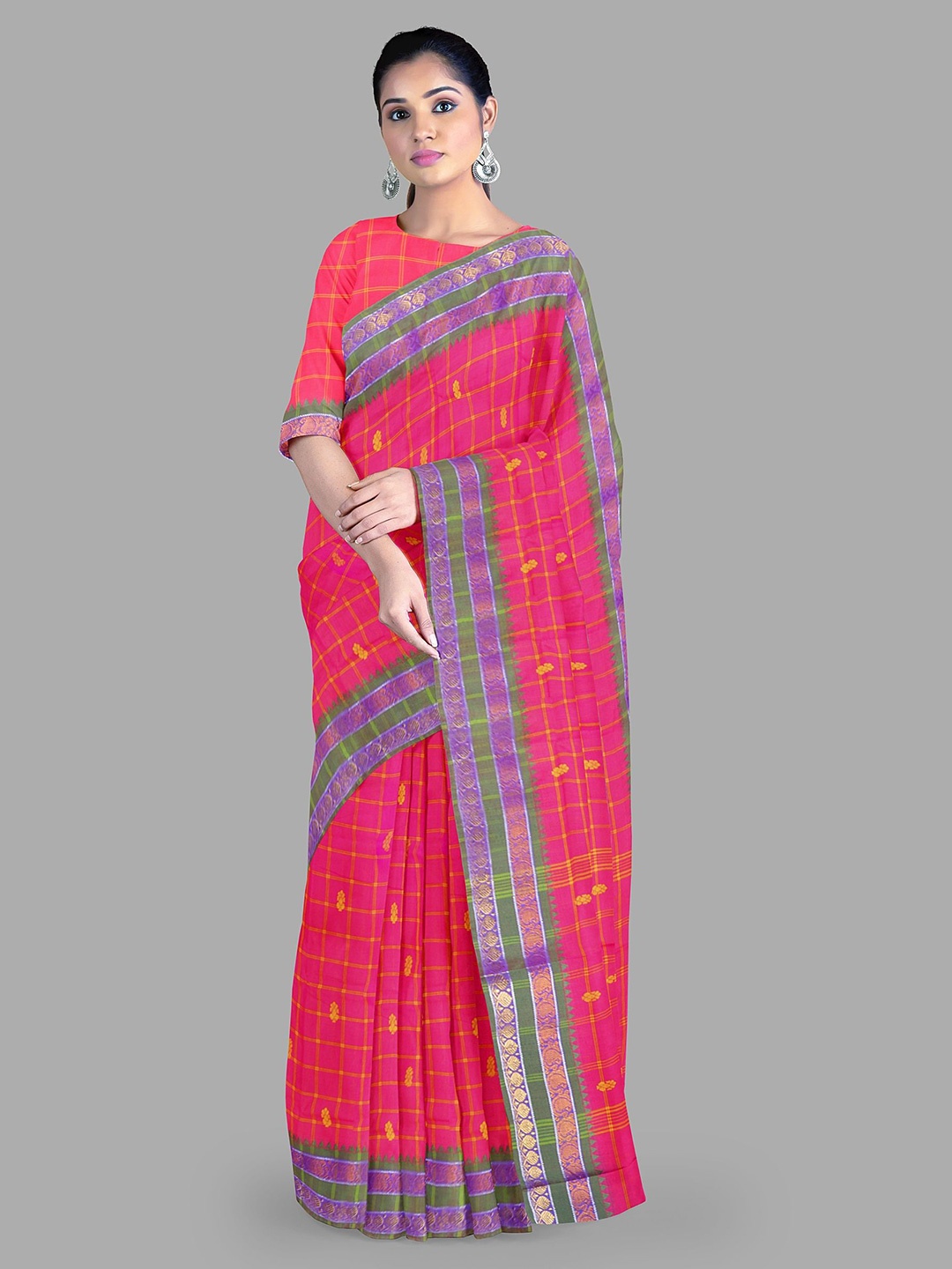 

The Chennai Silks Checked Zari Pure Cotton Chettinad Saree with blouse piece, Pink