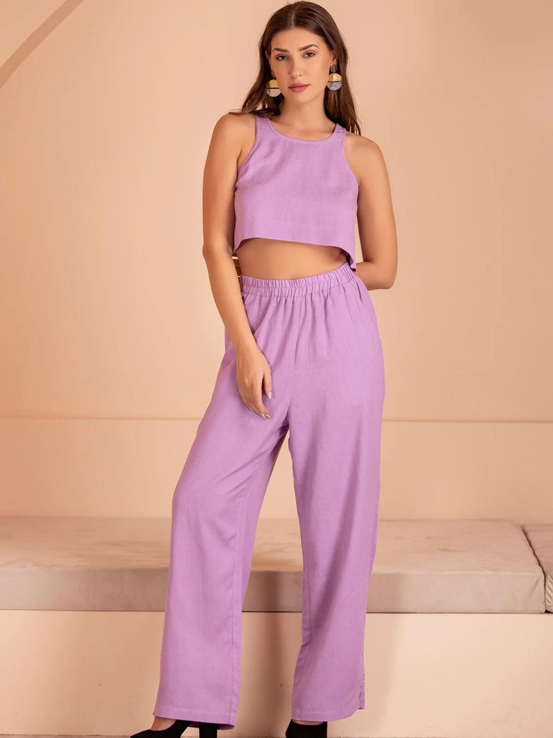 

DESIGNS BY QUEEN BEE Sleeveless Linen Crop Top With Trousers, Lavender