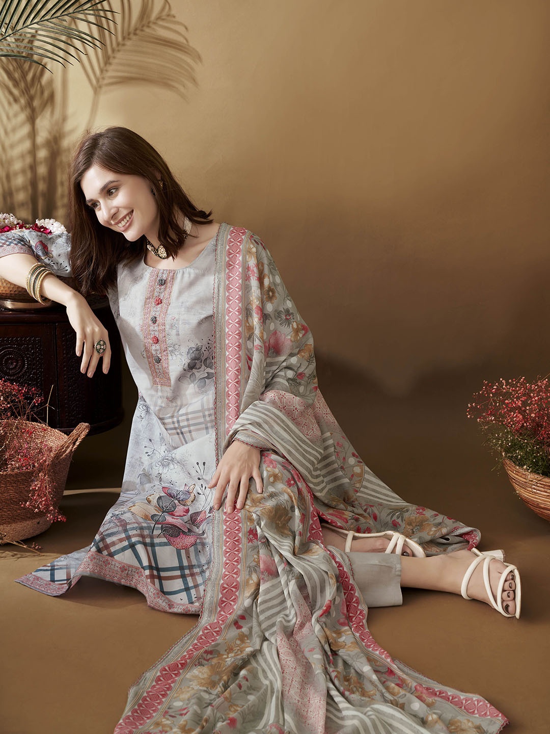 

Anouk Women Floral Printed Regular Thread Work Kurta with Trousers & With Dupatta, Grey