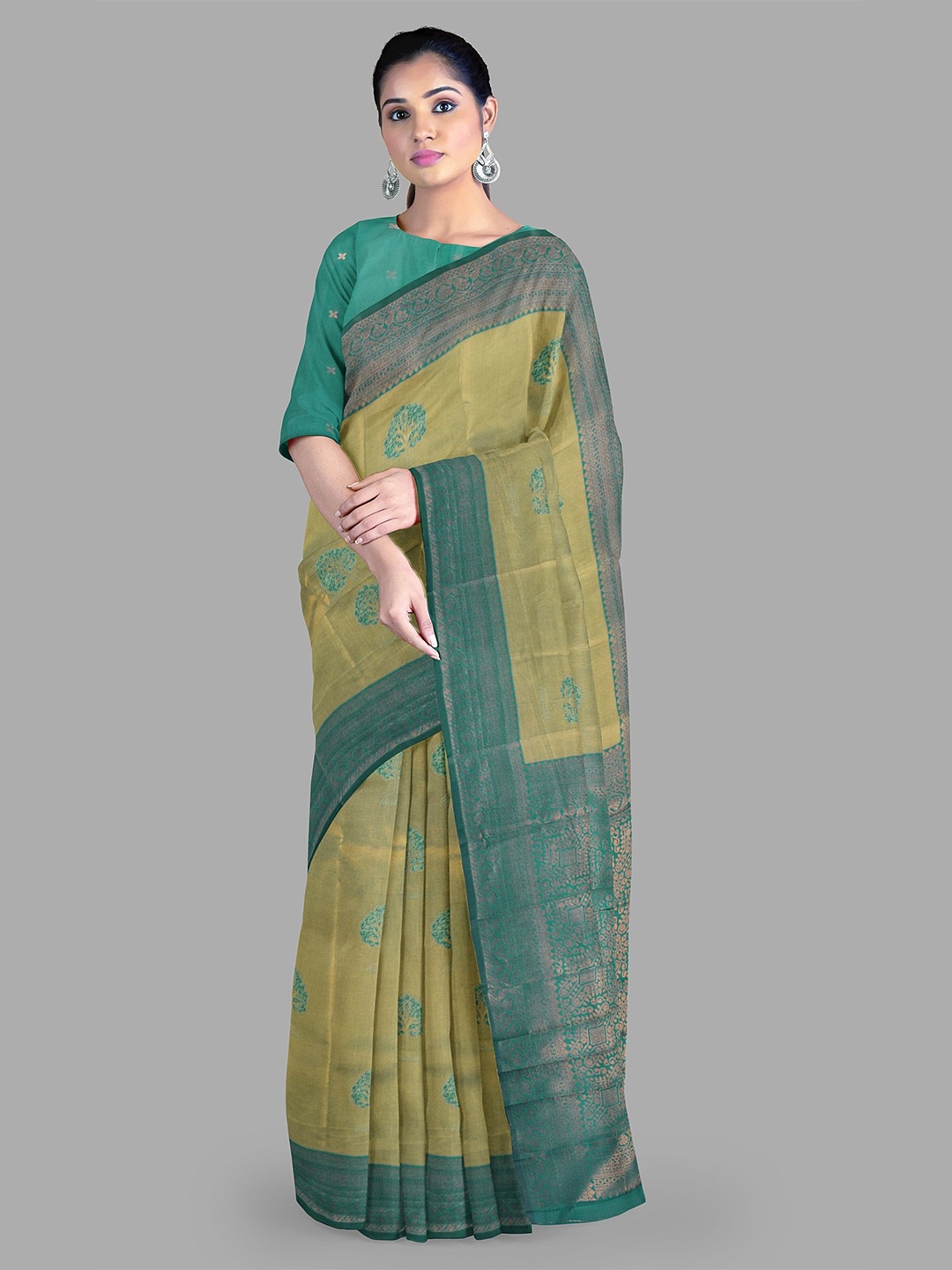 

The Chennai Silks Woven Design Zari Bhagalpuri Saree, Olive