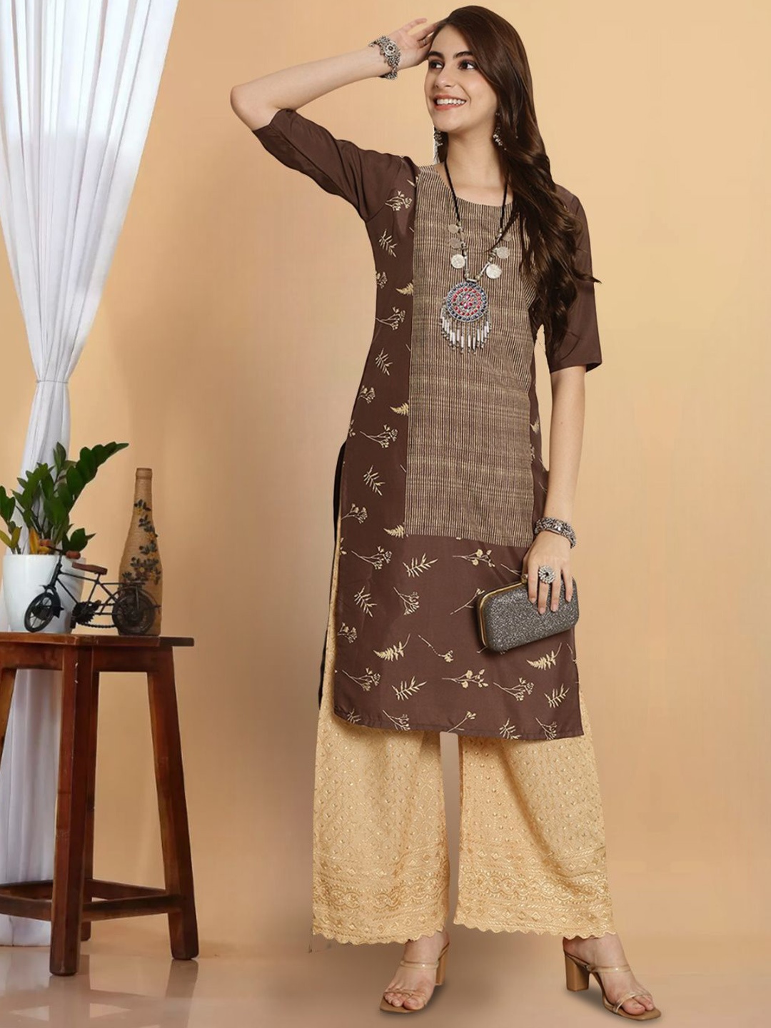 

7Threads Floral Printed Round Neck Crepe Straight Kurta, Brown