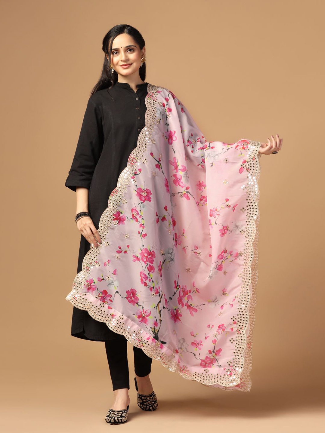 

Kaizen TEXO FAB Floral Printed Mirror Work Organza Dupatta, Pink