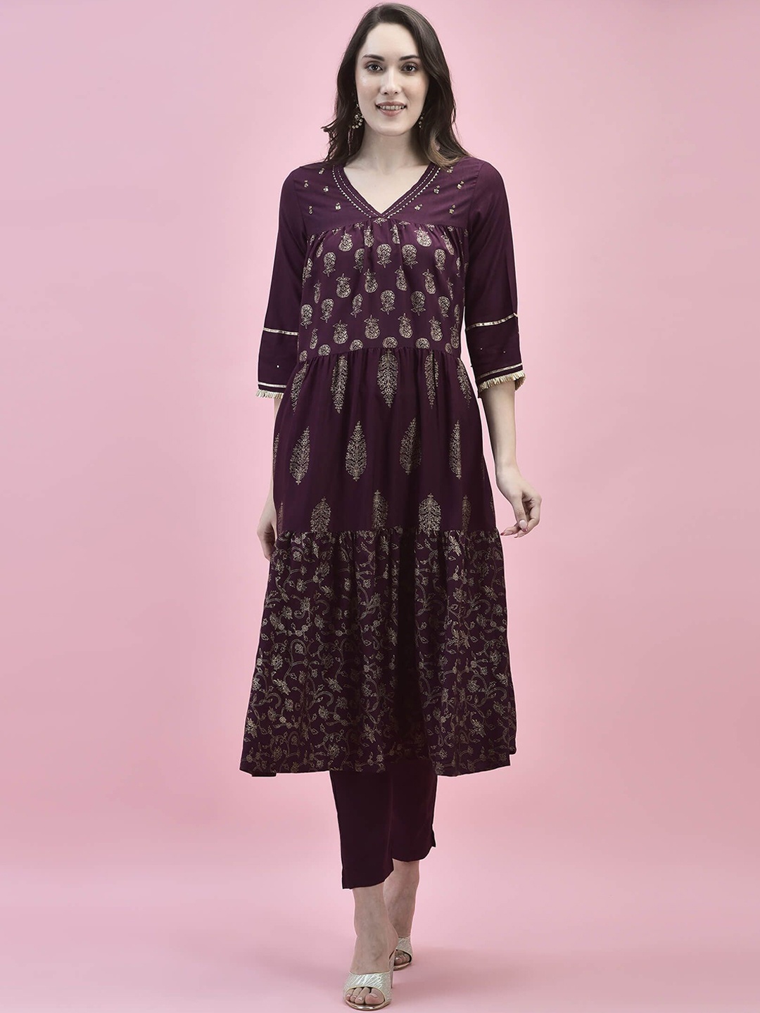 

Shree Women Ethnic Motifs Printed Pleated Liva Kurta with Trousers, Purple