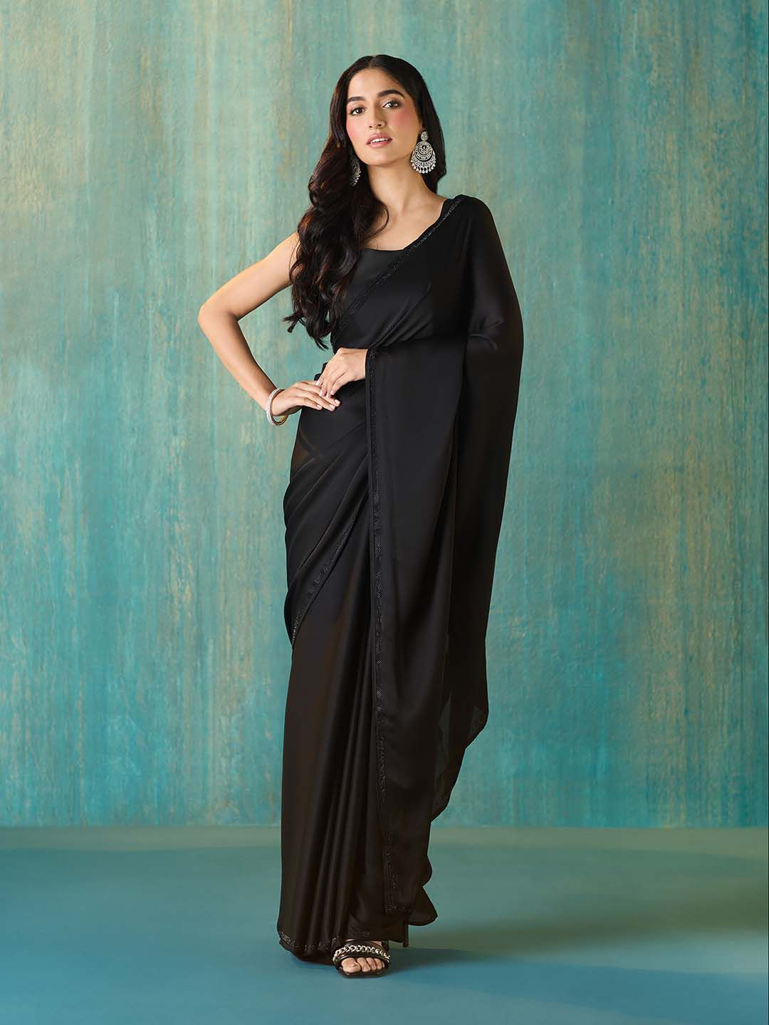 

Likha Sequinned Solid Satin Party Saree, Black