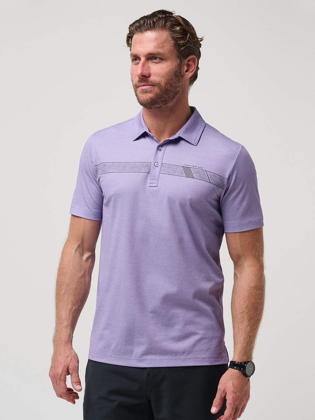 

TRAVIS MATHEW Men Solid Polo Collar Cotton T-Shirt, Purple