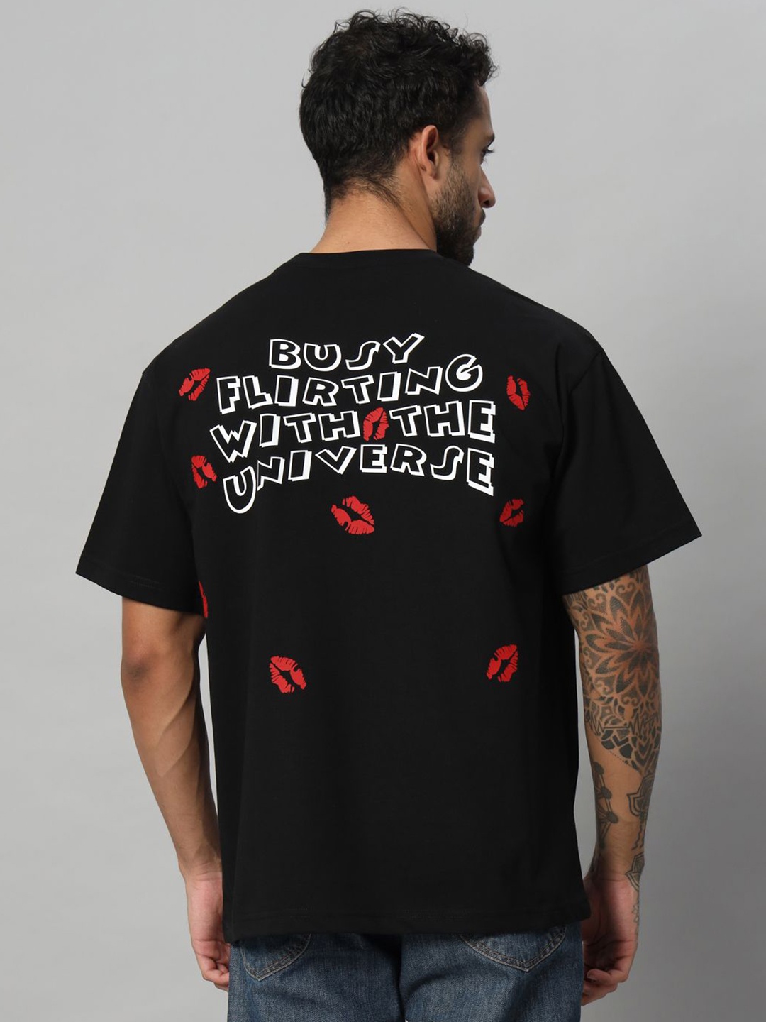 

SWAGNOX Men Typography Printed Round Neck Cotton Oversized T-shirt, Black