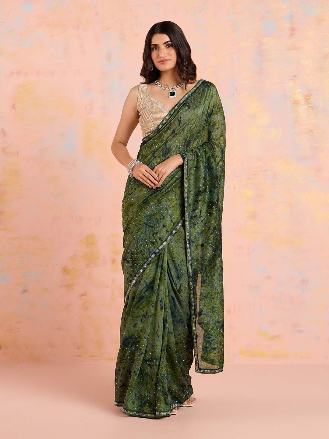 

Likha Beads and Stones Embellished Saree, Green