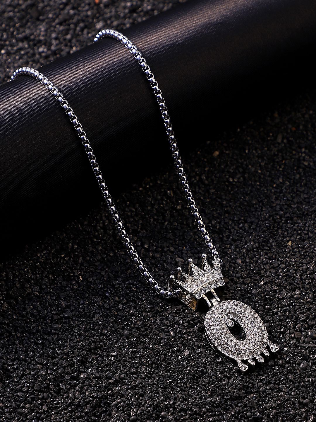 

French Accent Men Silver-Plated Stone Studded Drip Alphabet O Pendant With Chain