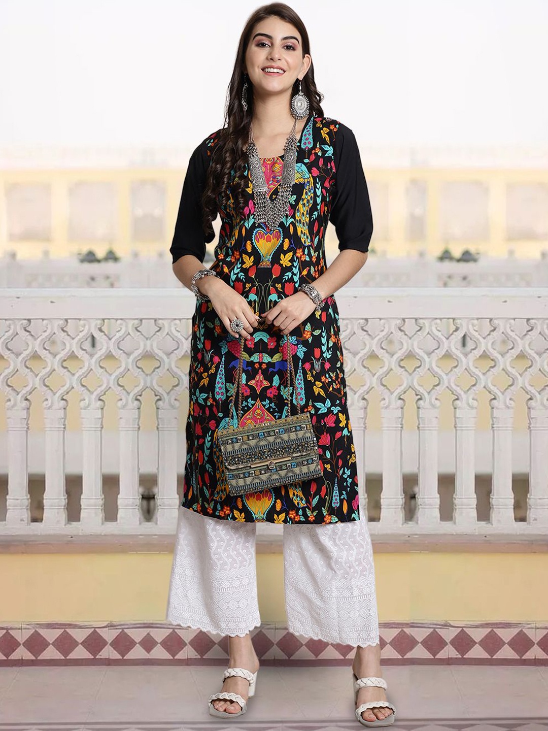 

7Threads Women Printed Patchwork Floral Crepe Kurta, Multi
