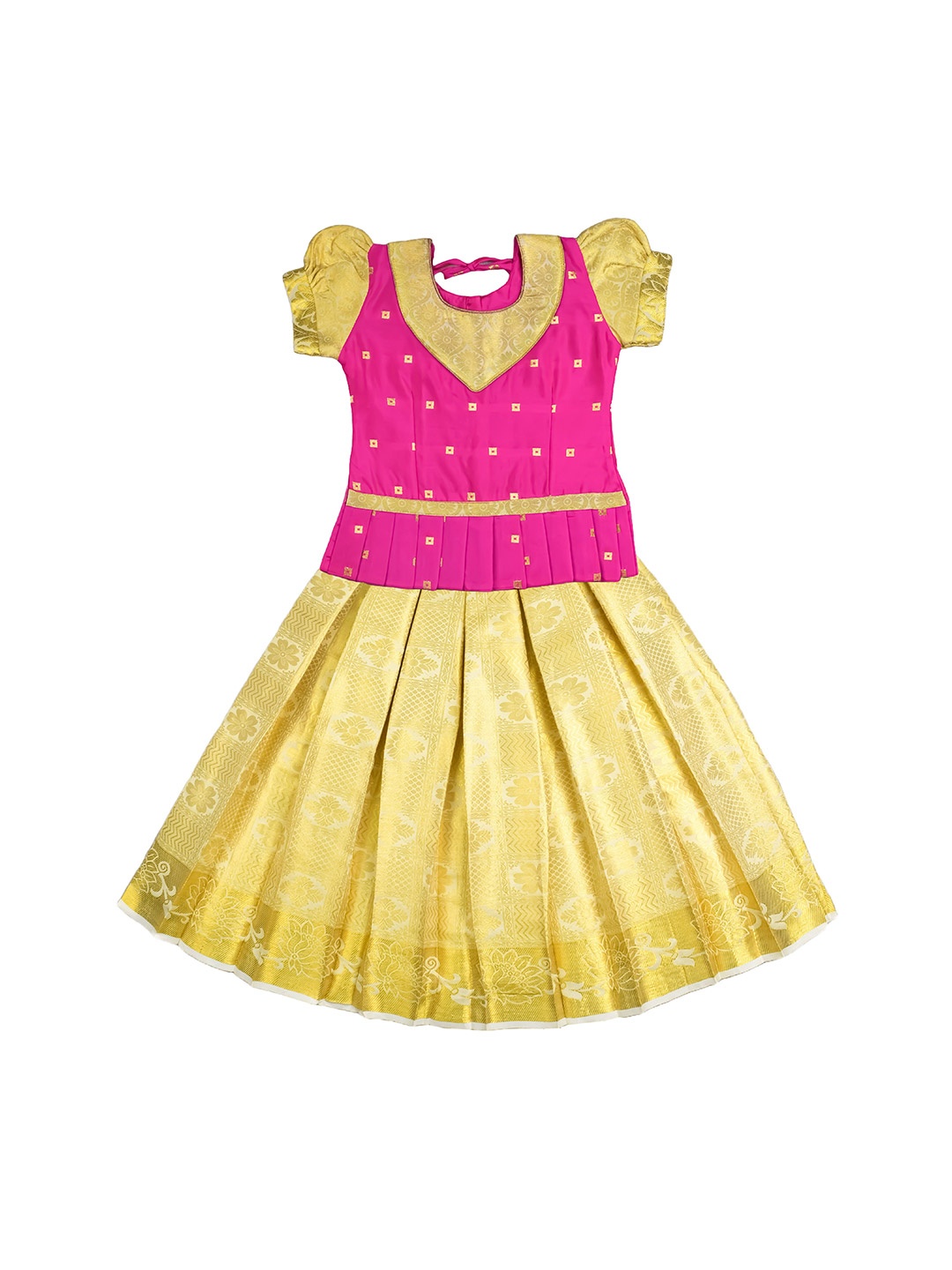 

AMIRTHA FASHION Girls Floral Woven Design Puffed Sleeves Ready to Wear Lehenga & Blouse, Pink