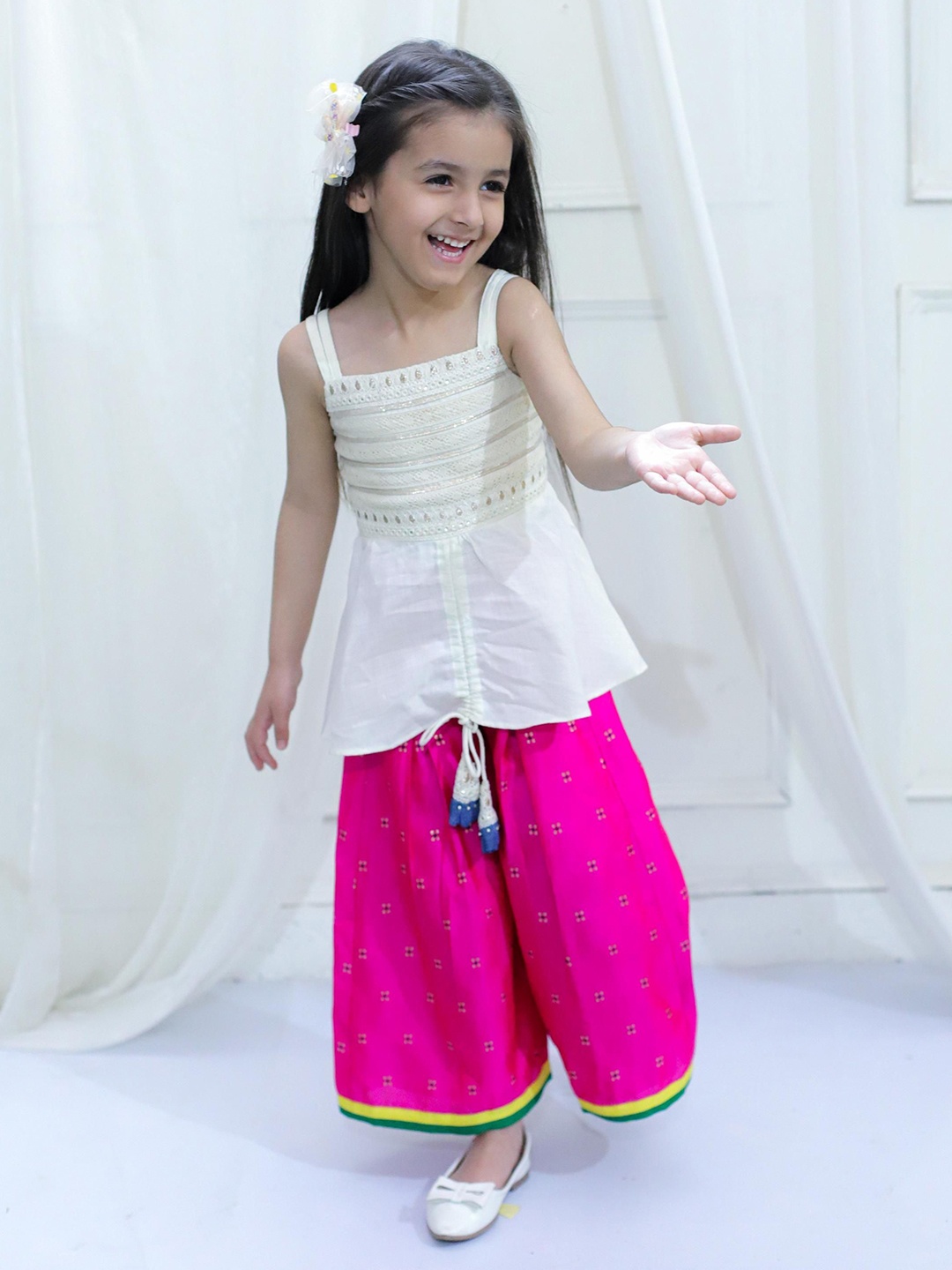 

Twisha Girls Self Design Shoulder Straps Top With Skirt, Off white