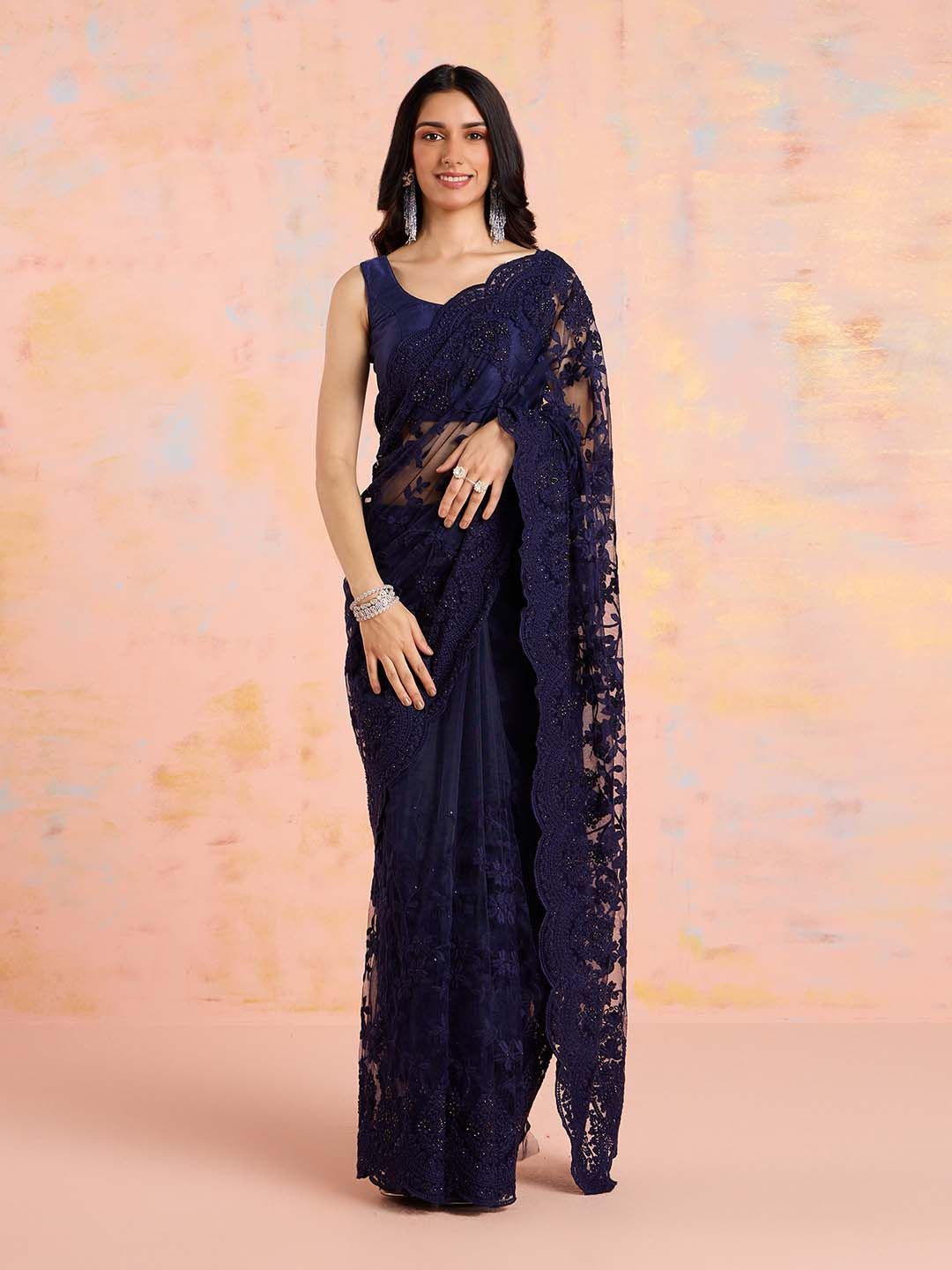 

Likha Embellished Embroidered Net Saree, Navy blue