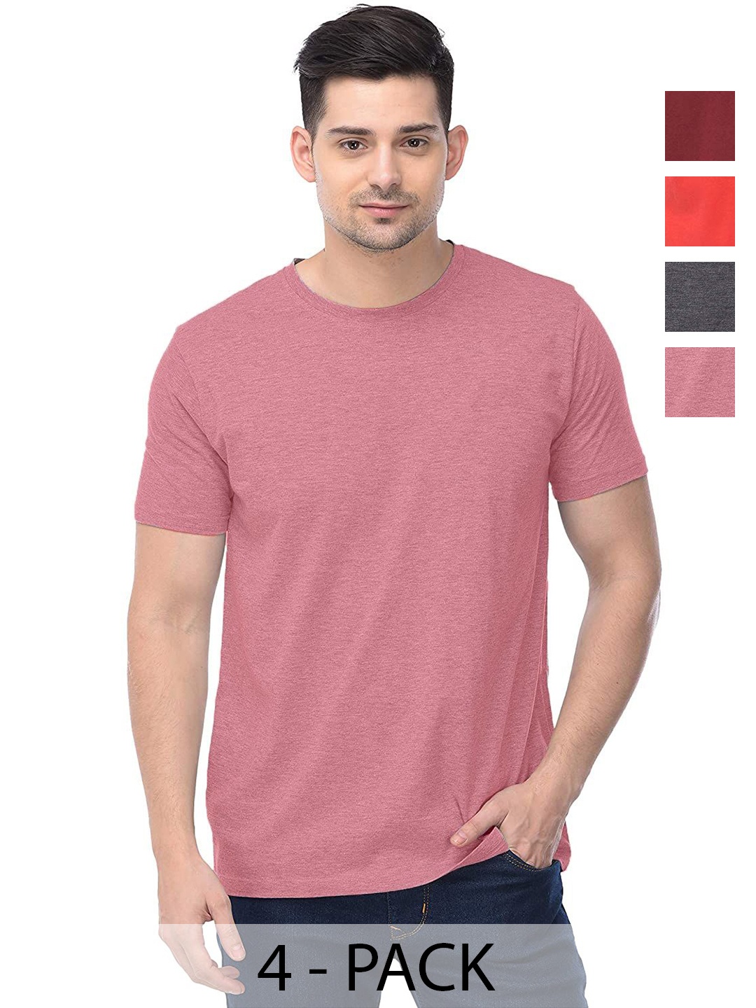 

COLOR CAPITAL Unisex Pack Of 4 Solid Round Neck Cotton T-shirts, Pink