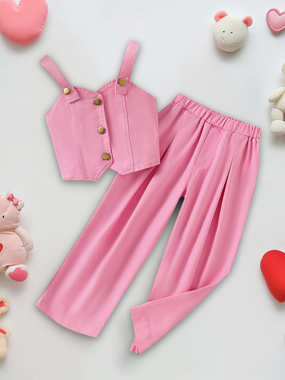 

INCLUD Girls Shoulder Straps Top with Trousers, Pink