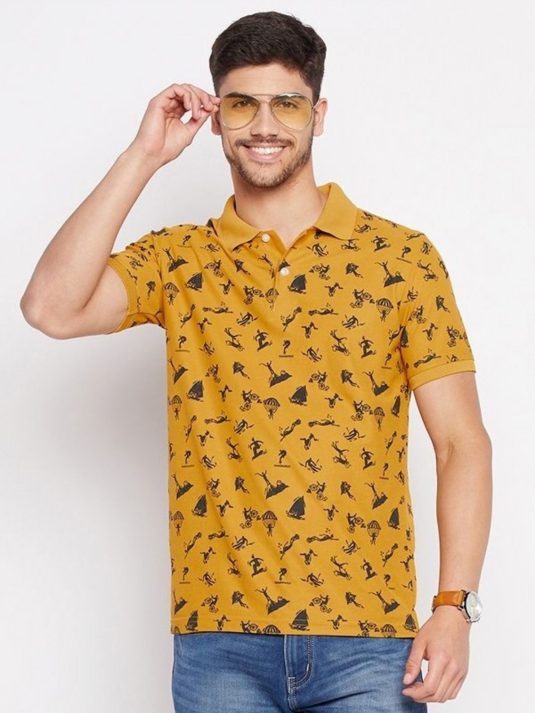 

RISS Men Conversational Printed Polo Collar Cotton T-shirt, Mustard