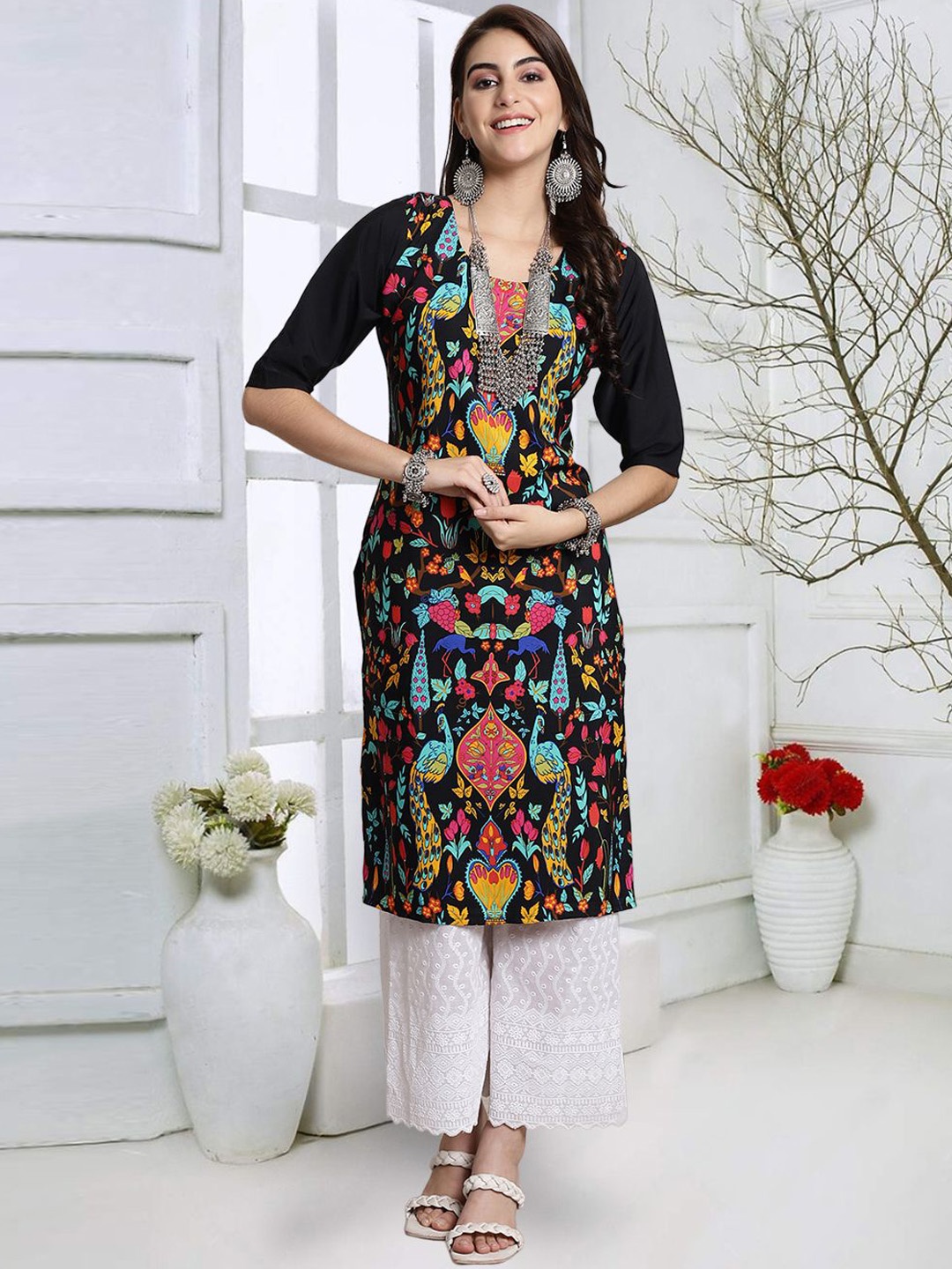 

7Threads Printed Round Neck Straight Kurta, Black