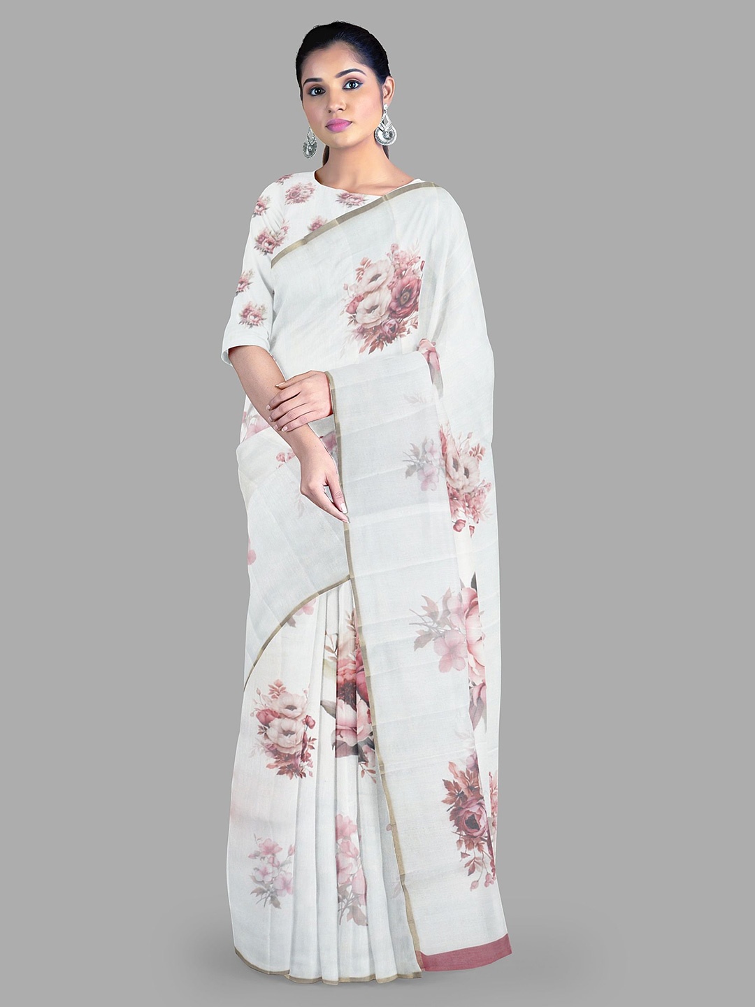 

The Chennai Silks Floral printed Chanderi Saree with blouse piece, Off white