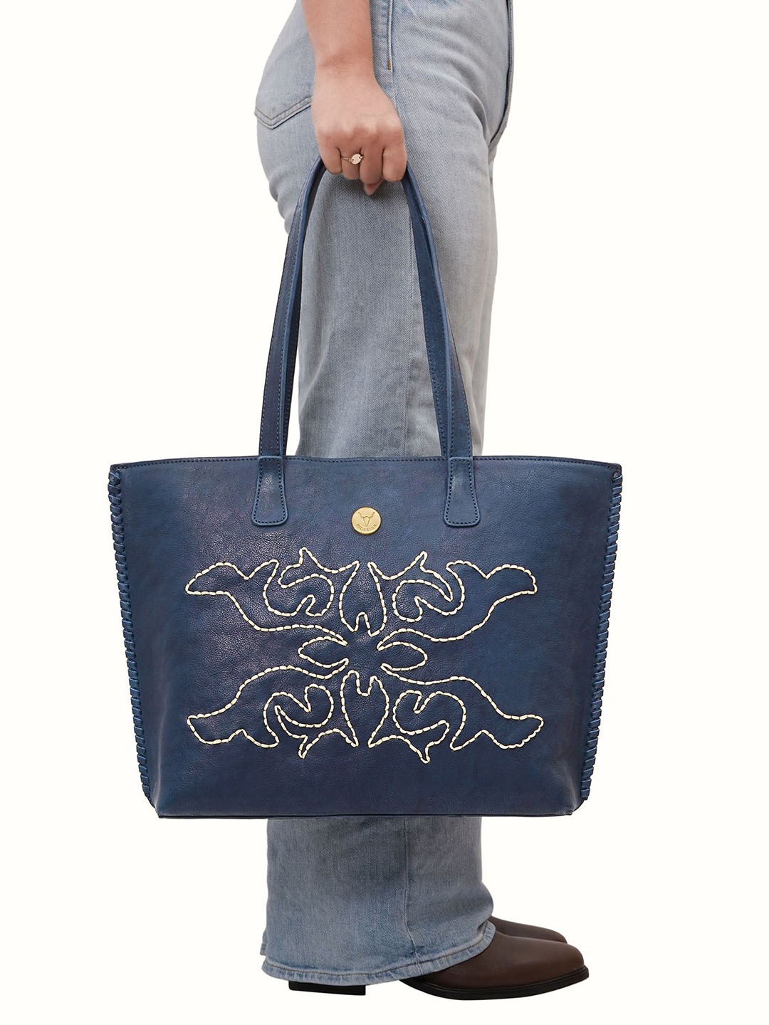 

Hidesign Textured Leather Shopper Shoulder Bag with Cut Work, Blue