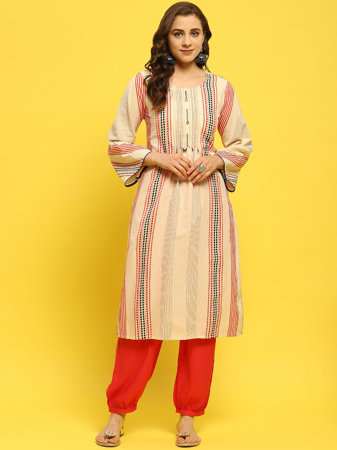 

Shree Women Printed Regular Pure Cotton Kurta with Harem Pants, Off white