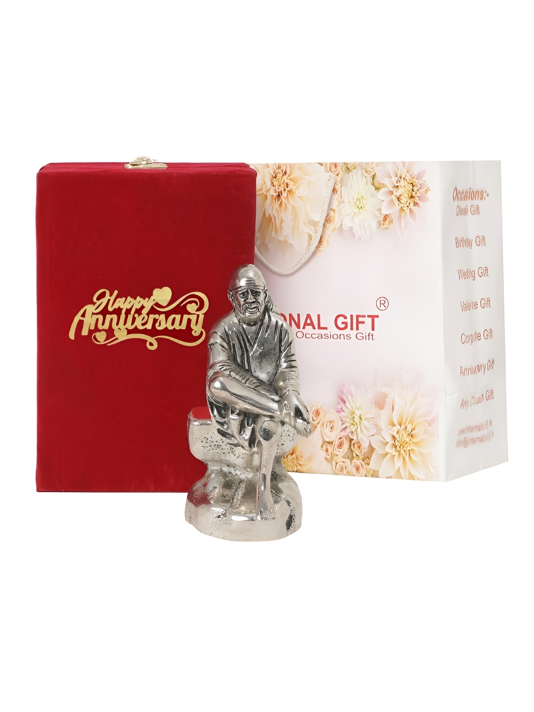 

INTERNATIONAL GIFT Silver Toned Sai Baba Idol Metal Showpiece With Velvet Box & Bag