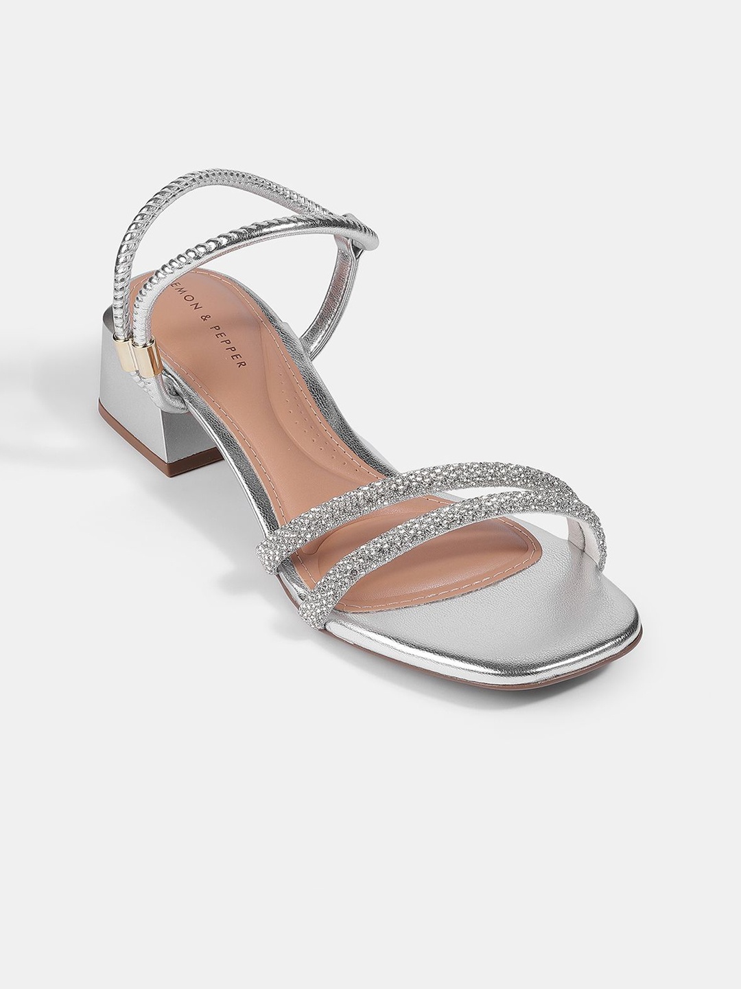 

LEMON & PEPPER Women Embellished Party Block Heels Sandals, Silver