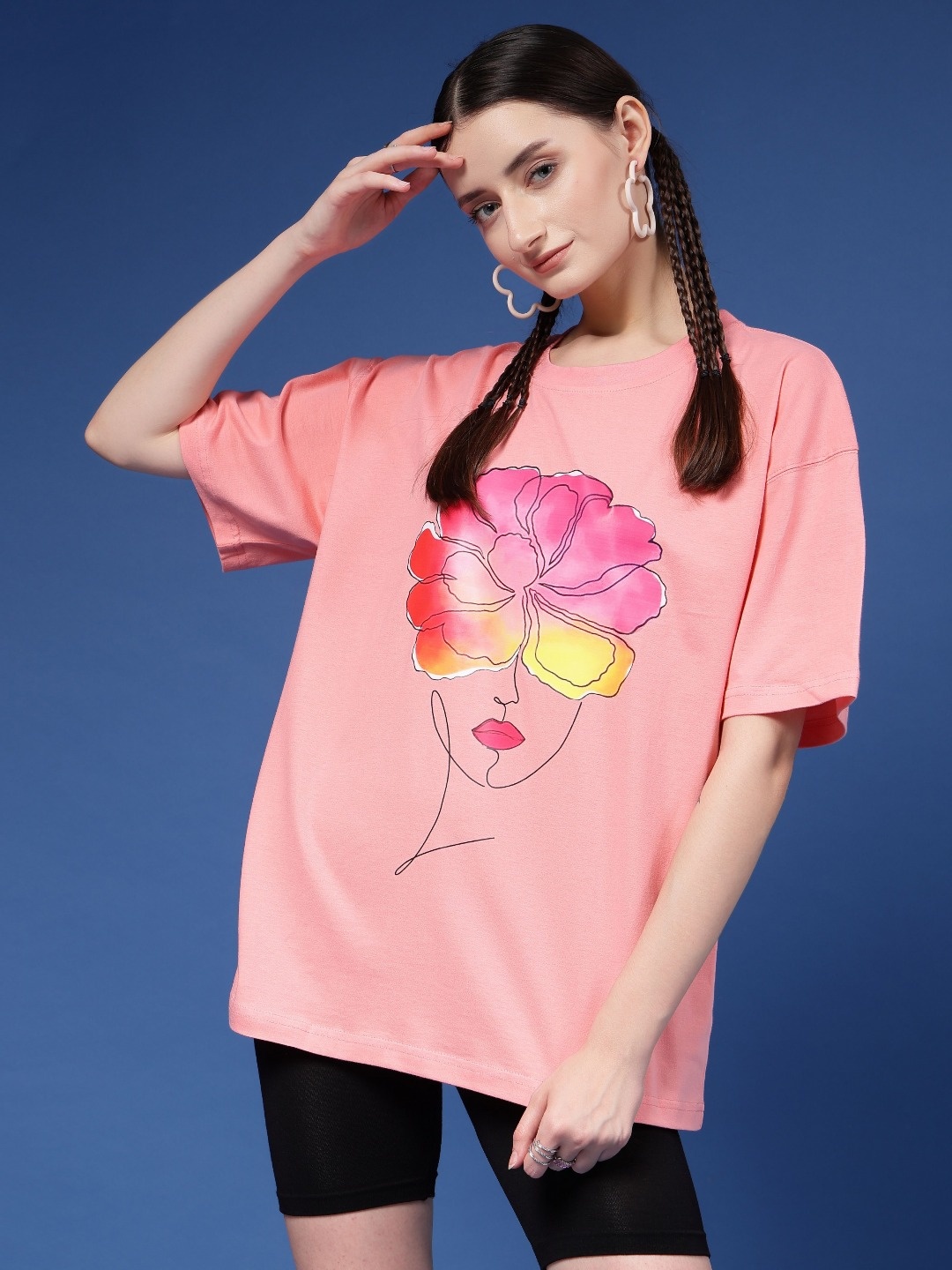 

Popster Women Graphic Printed Round Neck Pure Cotton Oversized T-shirt, Peach