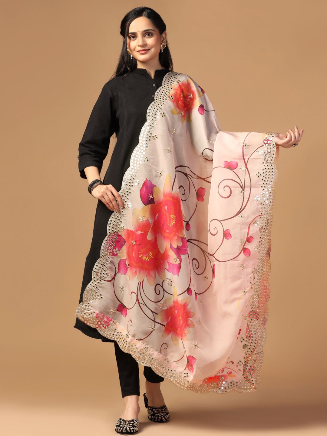 

Kaizen TEXO FAB Floral Printed Mirror Work Organza Dupatta, Peach