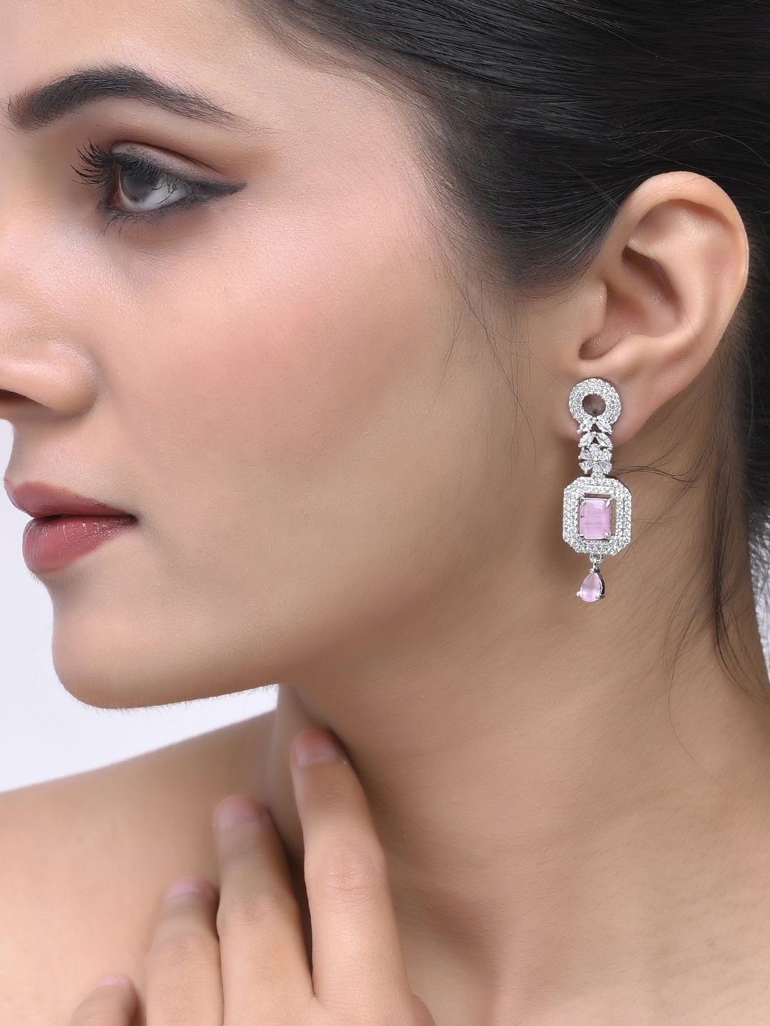 

Silvermerc Designs Silver Plated American Diamond Studded Square Drop Earrings
