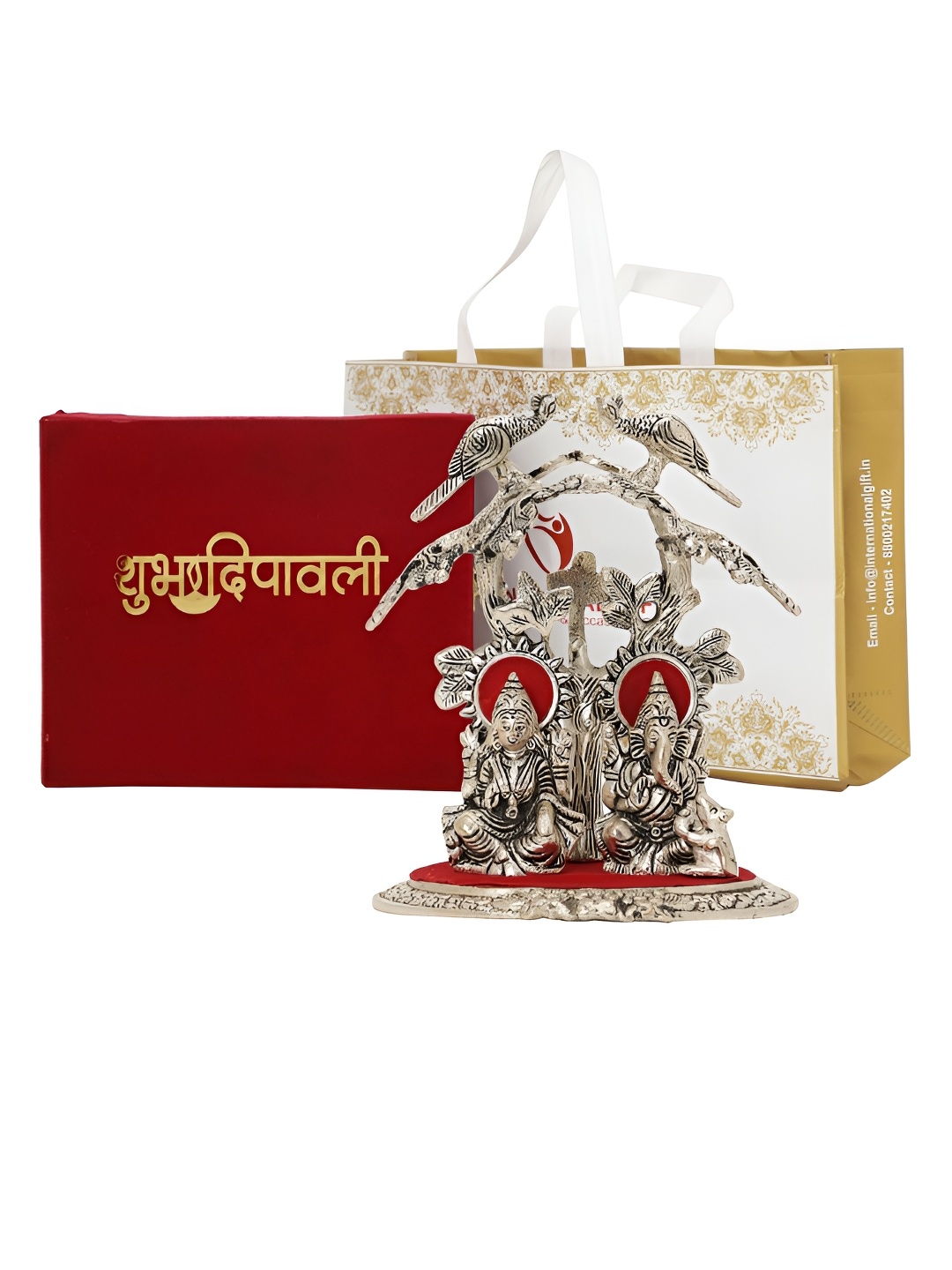 

INTERNATIONAL GIFT SilverToned Laxmi Ganesh Idol Showpiece With Birthday Tag & Velvet Box, Silver