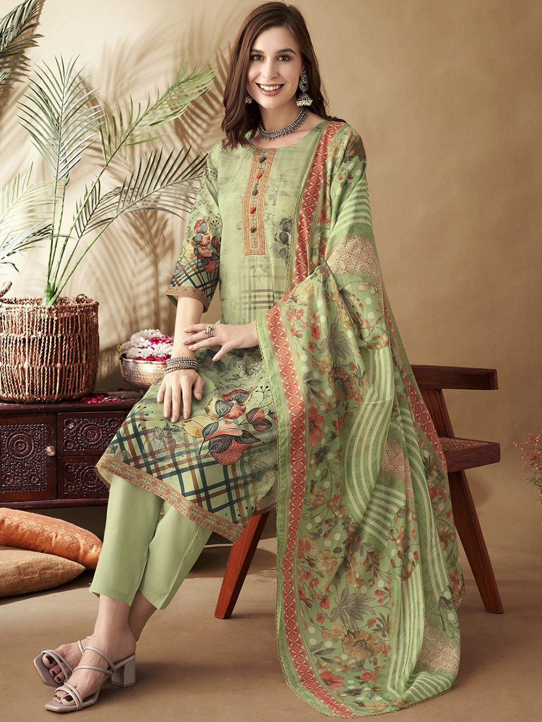 

Anouk Women Floral Printed Regular Thread Work Kurta with Trousers & With Dupatta, Green