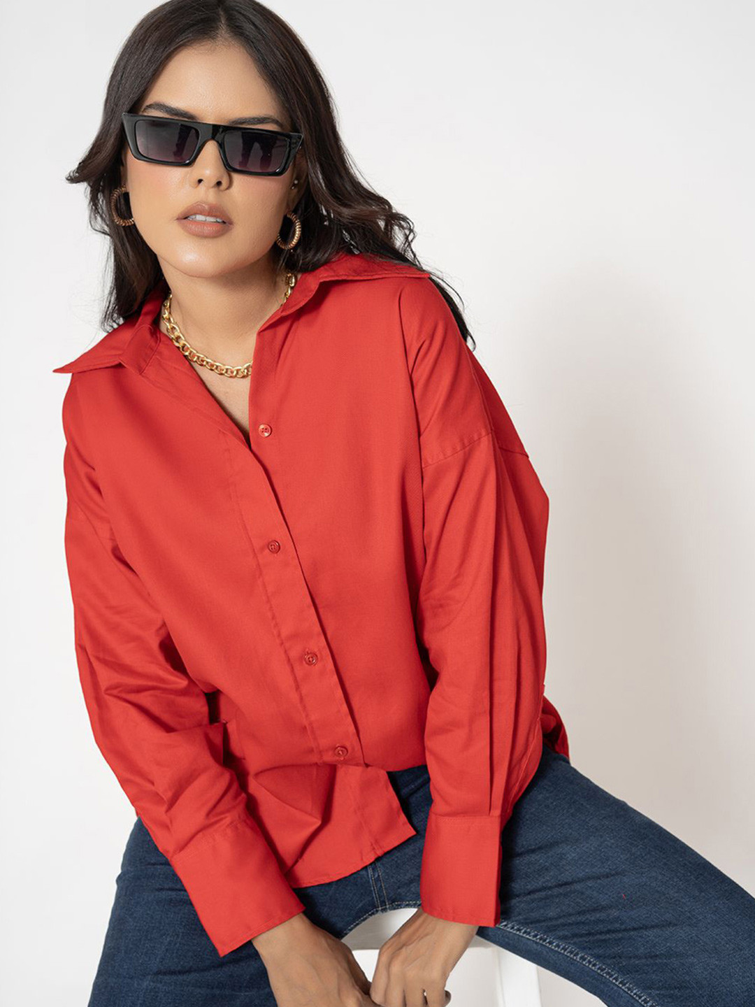 

Lounge Dreams Women Comfort Spread Collar Solid Cotton Relaxed Fit Casual Shirt, Red