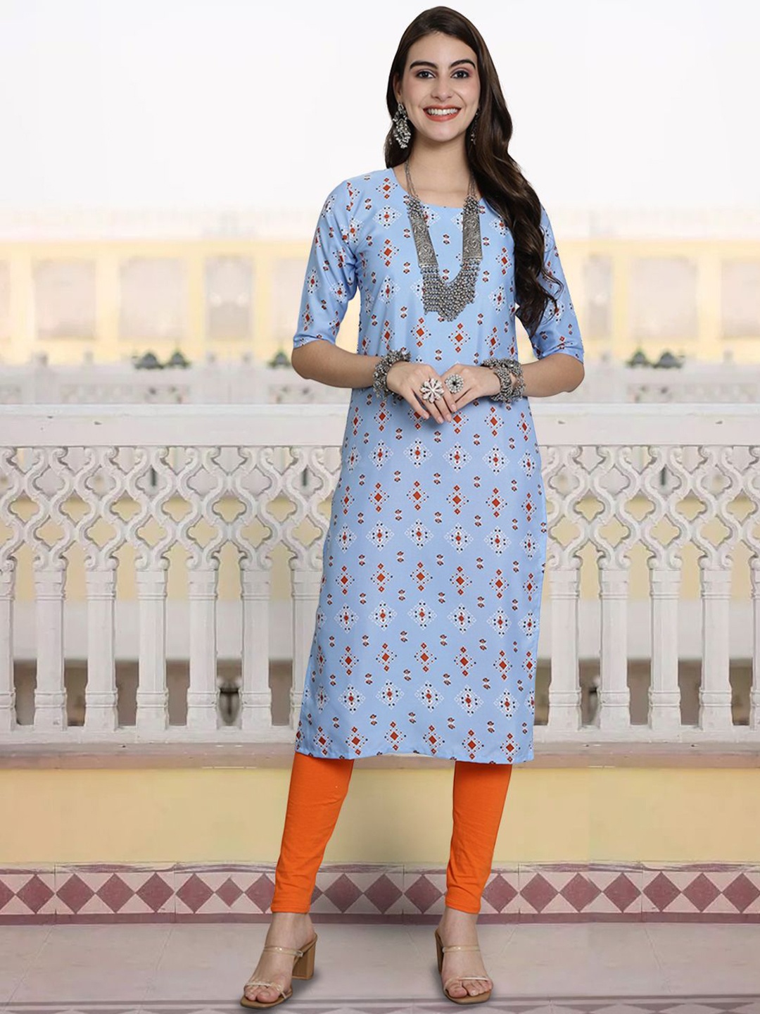 

7Threads Geometric Printed Round Neck Straight Kurta, Blue