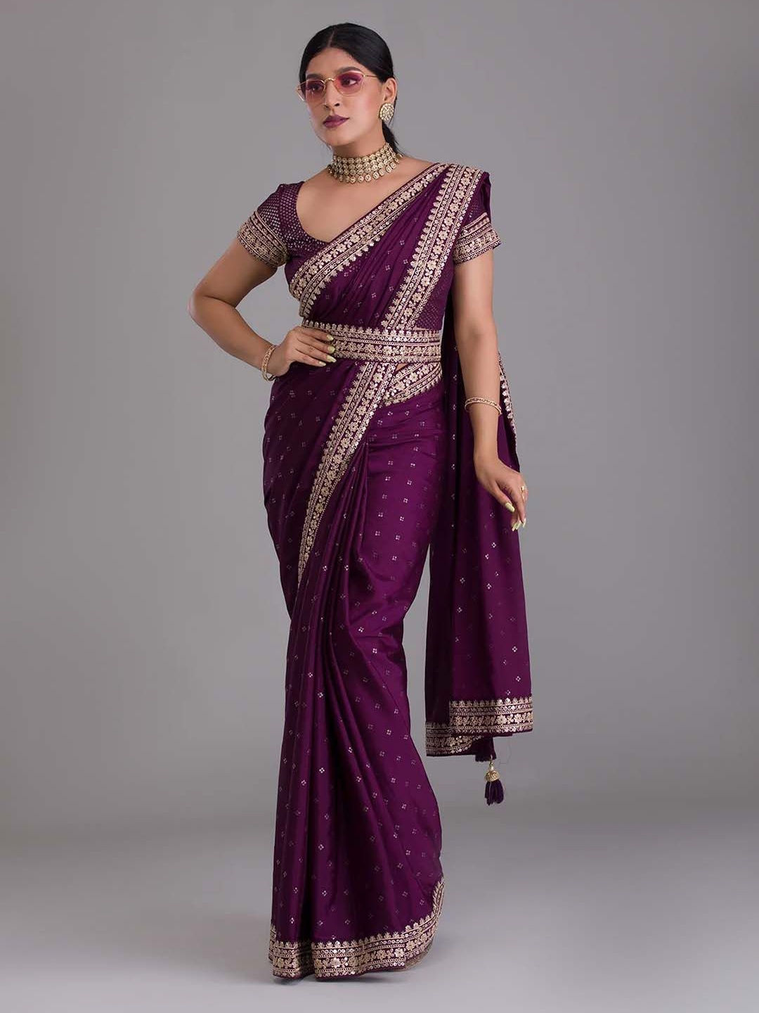

Likha Sequinned Belted Saree, Purple