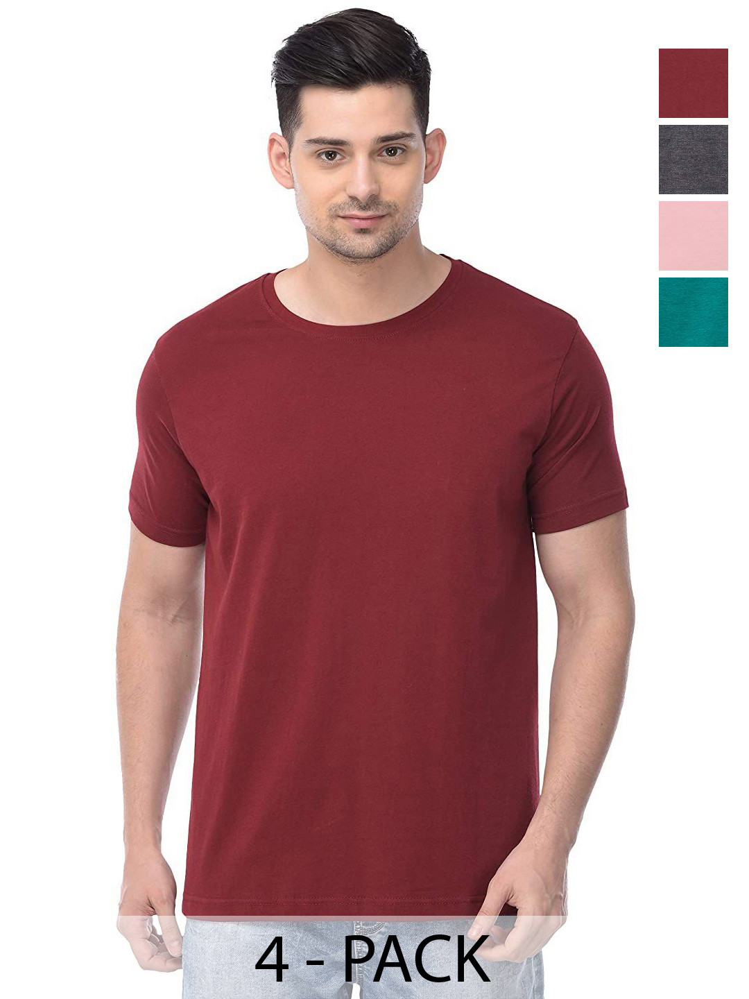 

COLOR CAPITAL Unisex Pack Of 4 Solid Round Neck Cotton T-shirts, Maroon