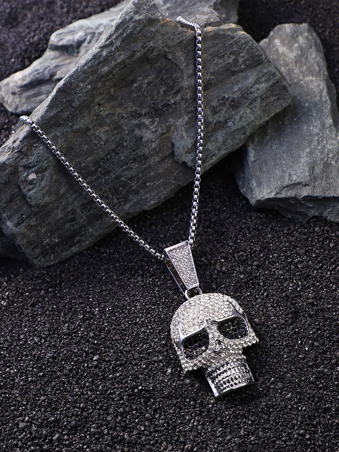 

French Accent Men Silver-Plated Stone Studded Bling Skull Pendant With Chain