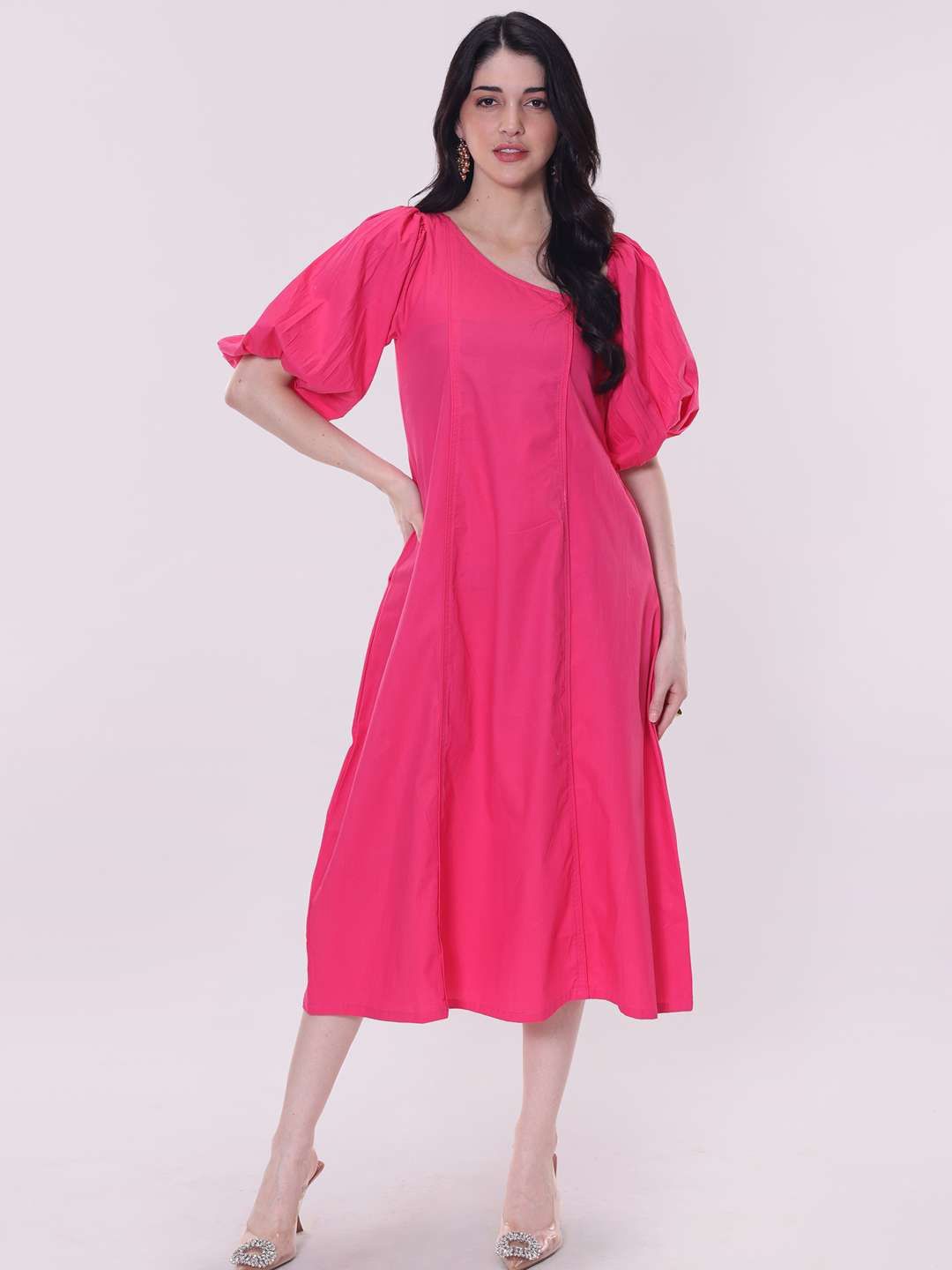 

POPPI Flared Sleeve A-Line Midi Dress, Pink