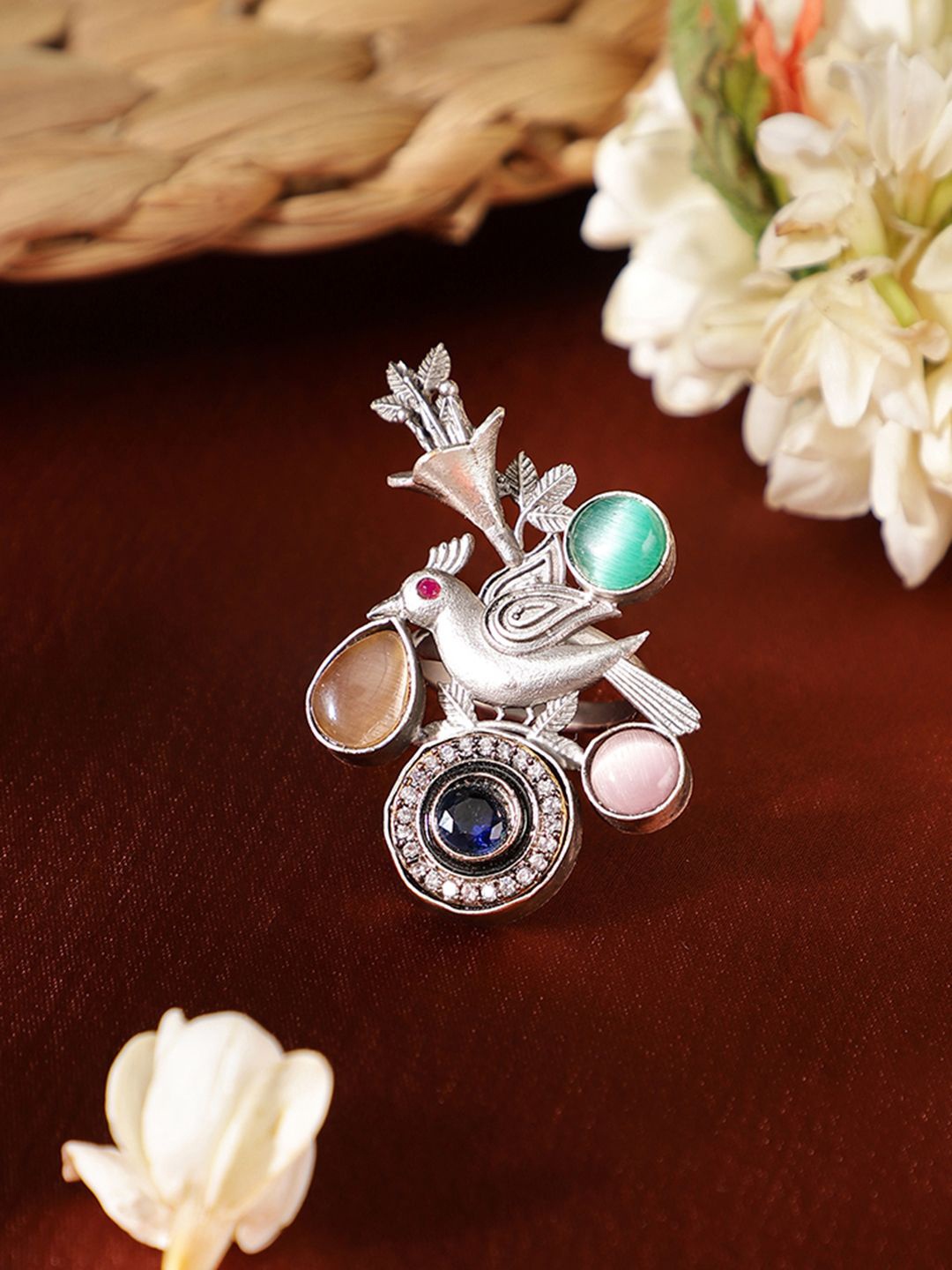 

Priyaasi Silver-Plated Bird Elegance Oxidized Stone-Studded Adjustable Finger Ring