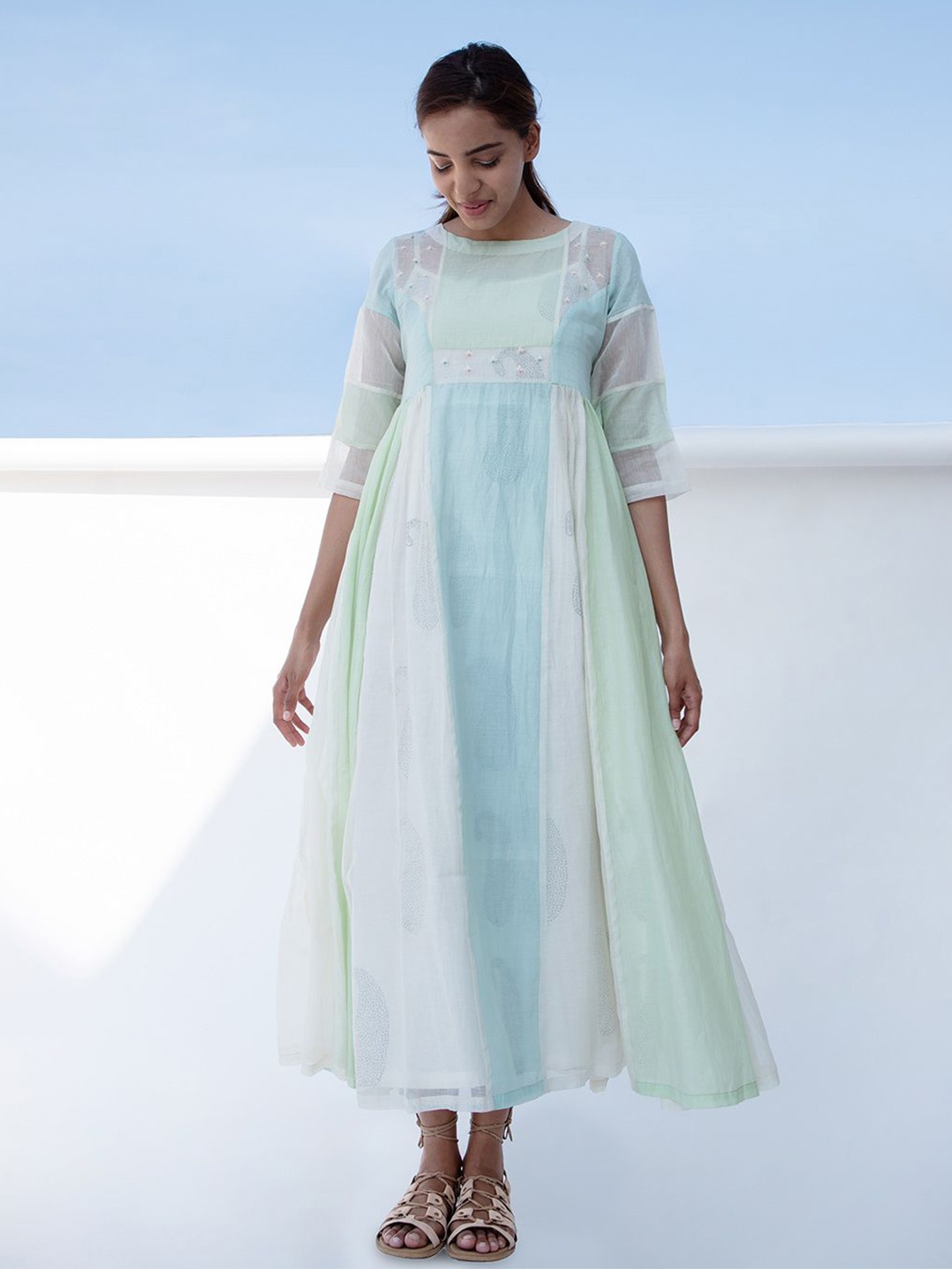 

The Yellow Bow Striped A-Line Midi Dress, Sea green