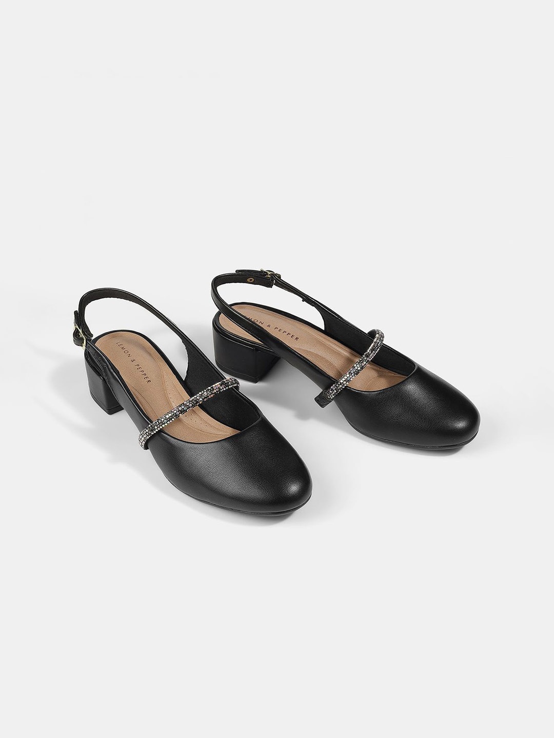 

LEMON & PEPPER Women Embellished Block Sandals, Black