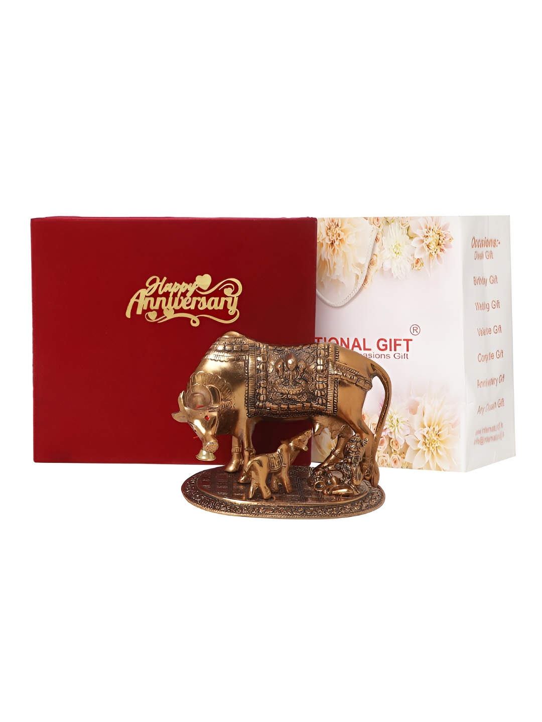 

INTERNATIONAL GIFT Golden Kamdhenu Cow Statue with Happy Anniversary Tag & Velvet Box, Gold