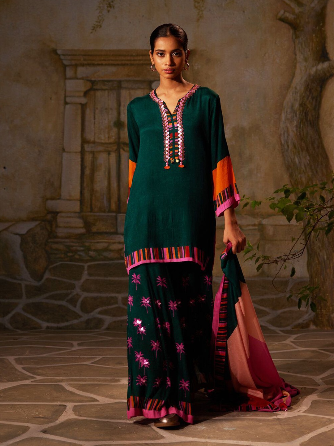 

Basil leaf Floral Embroidered Kurti With Sharara & Dupatta, Green