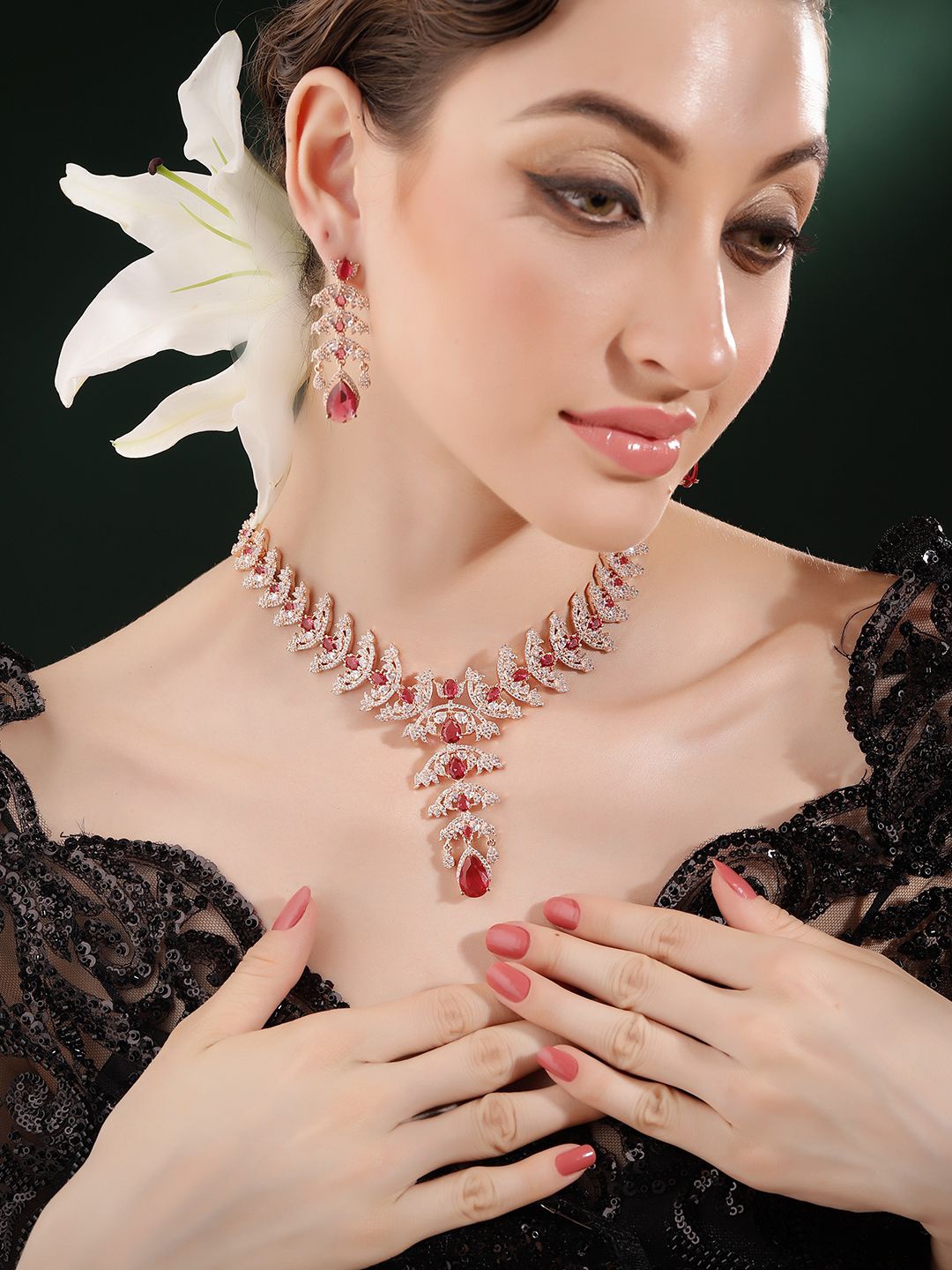 

Priyaasi Rose Gold-Plated Stones Studded Leaf Pattern Jewellery Set