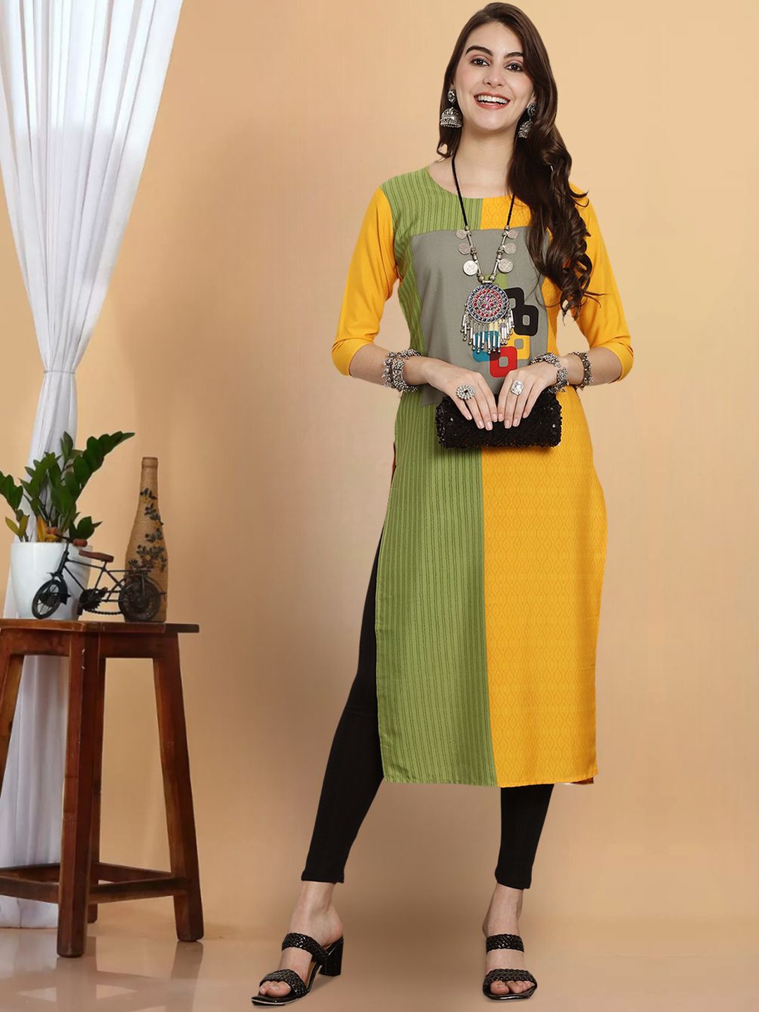 

7Threads Striped Printed Round Neck Regular Crepe Straight Kurta, Yellow