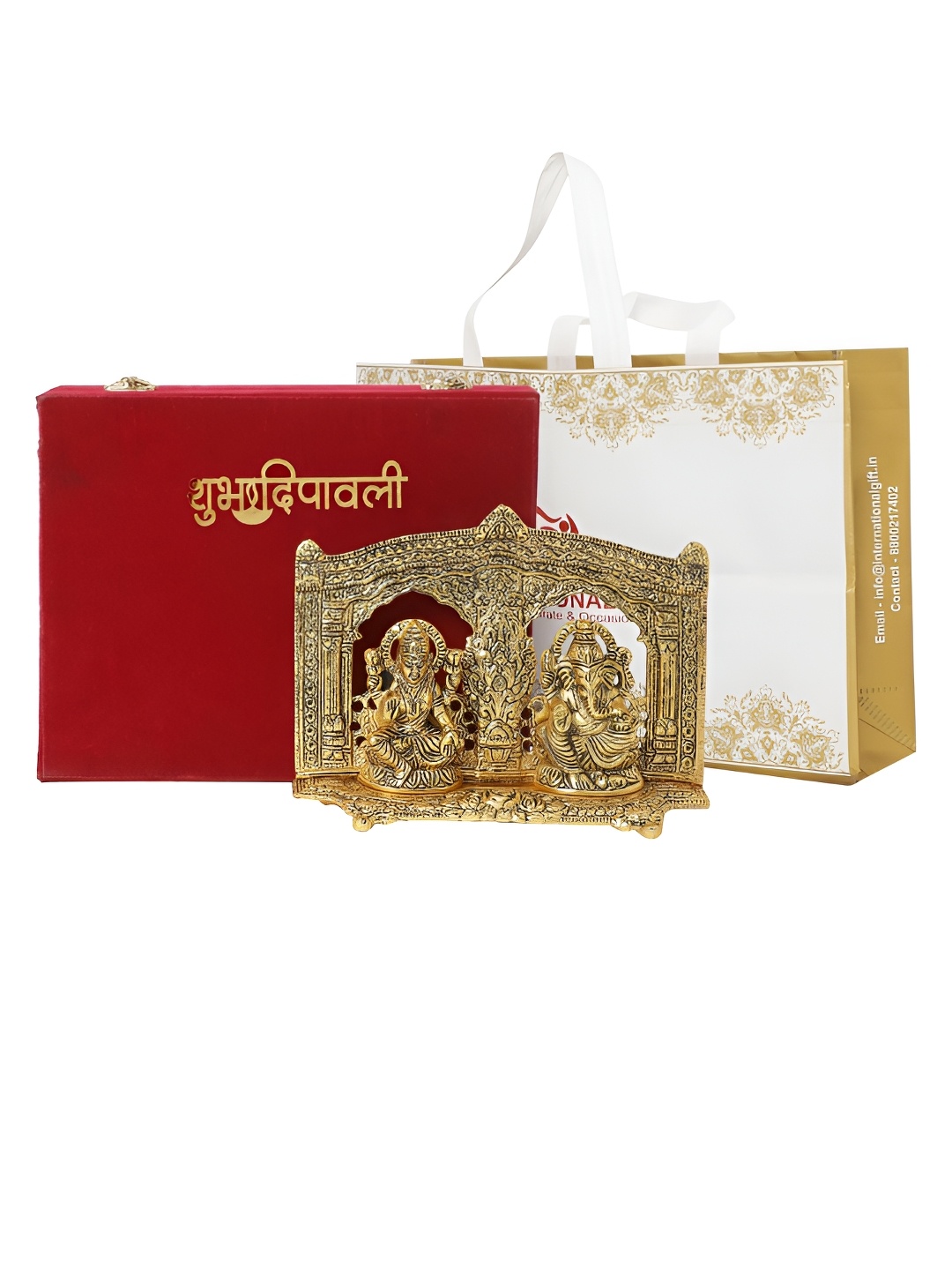 

INTERNATIONAL GIFT Gold Toned Laxmi Ganesh Showpiece with Happy Diwali Tag & Velvet Box