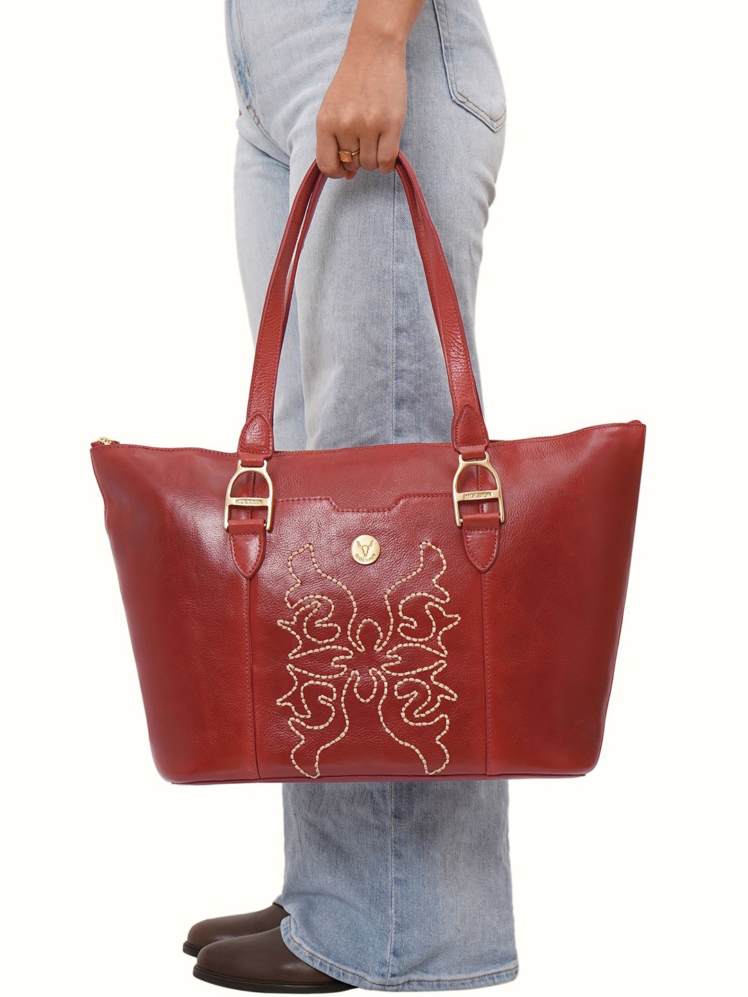 

Hidesign Textured Leather Shopper Shoulder Bag with Cut Work, Red