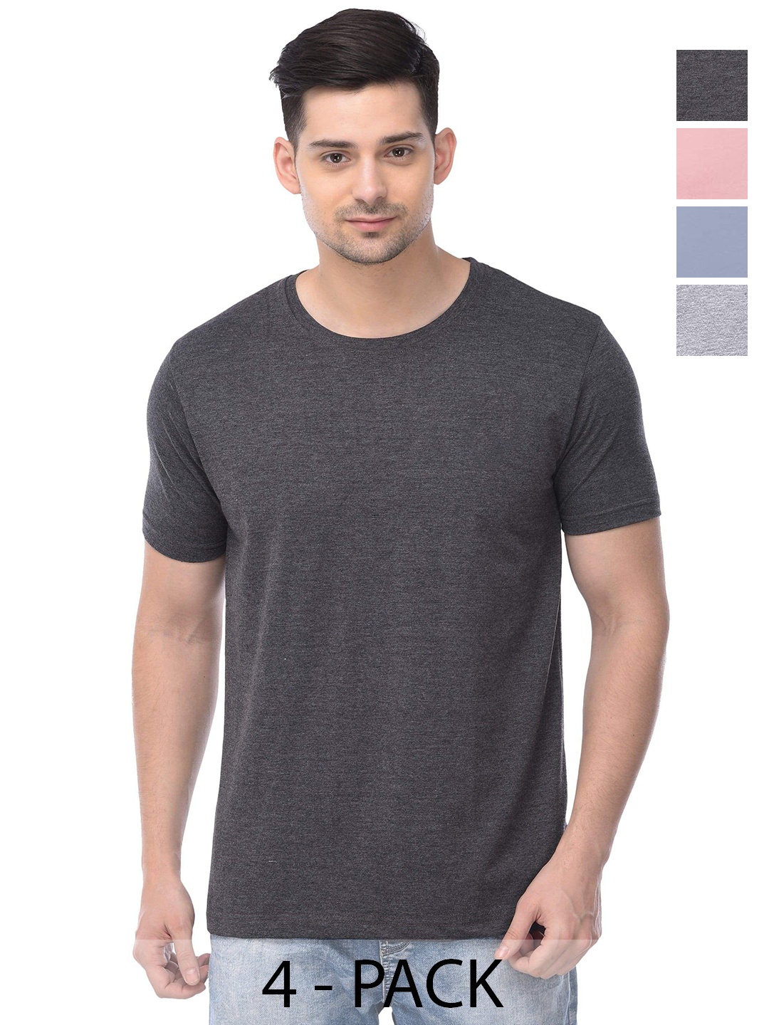 

COLOR CAPITAL Unisex Pack Of 4 Solid Round Neck Cotton T-shirts, Grey