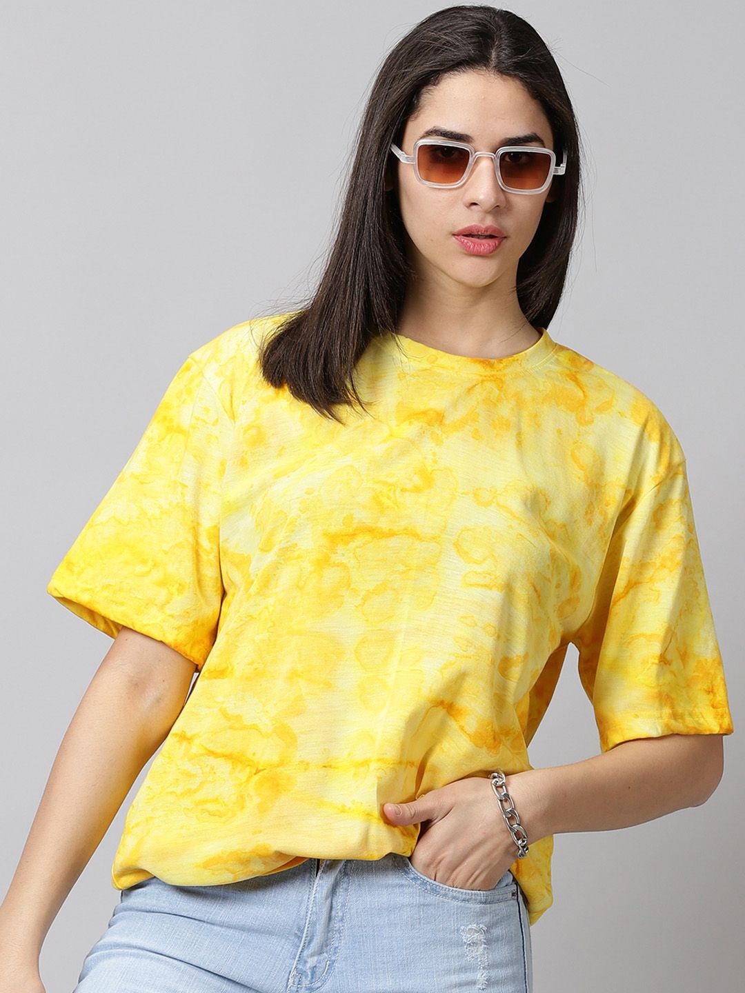 

Rodzen Women Dyed Round Neck Cotton Oversized T-Shirt, Yellow