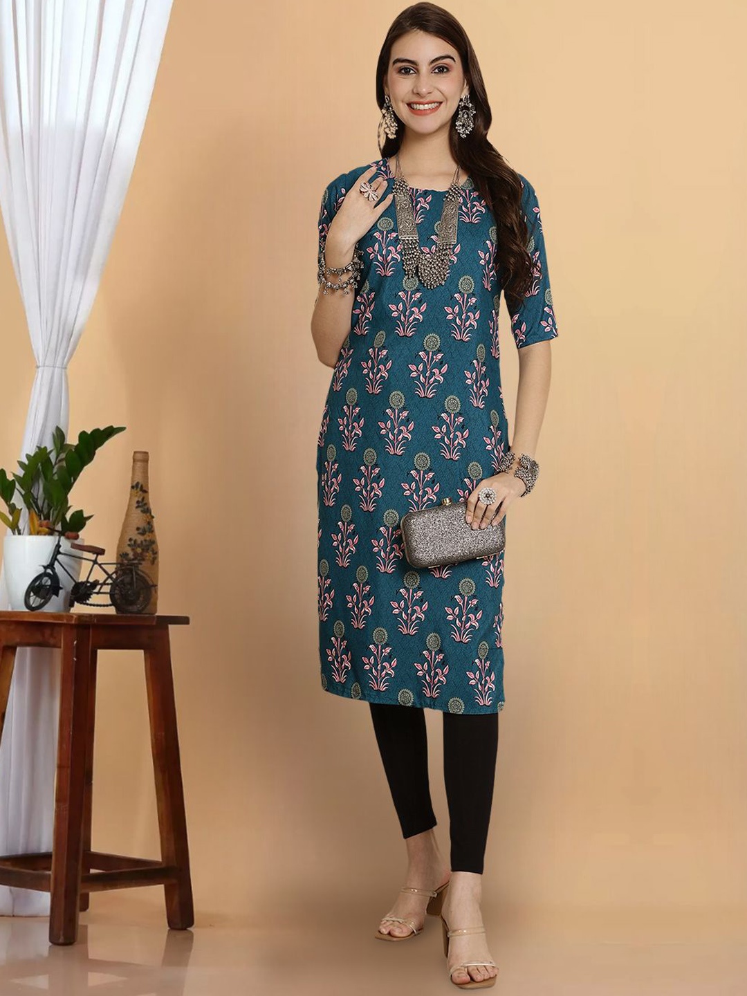 

7Threads Ethnic Motifs Printed Round Neck Regular Crepe Straight Kurta, Teal